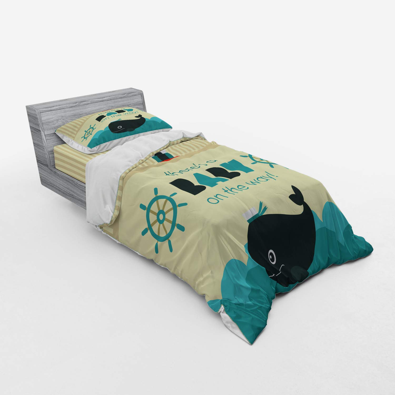 Ambesonne Gender Reveal Party Bedding Set - 'Little One on The Way' Marine Theme with Dolphin & Ship Wheel - 3 Piece Duvet Cover Set with Pillow Sham & Fitted Sheet - Twin Size Dark Blue Khaki Teal - Perfect for Baby Showers & Nursery Decor