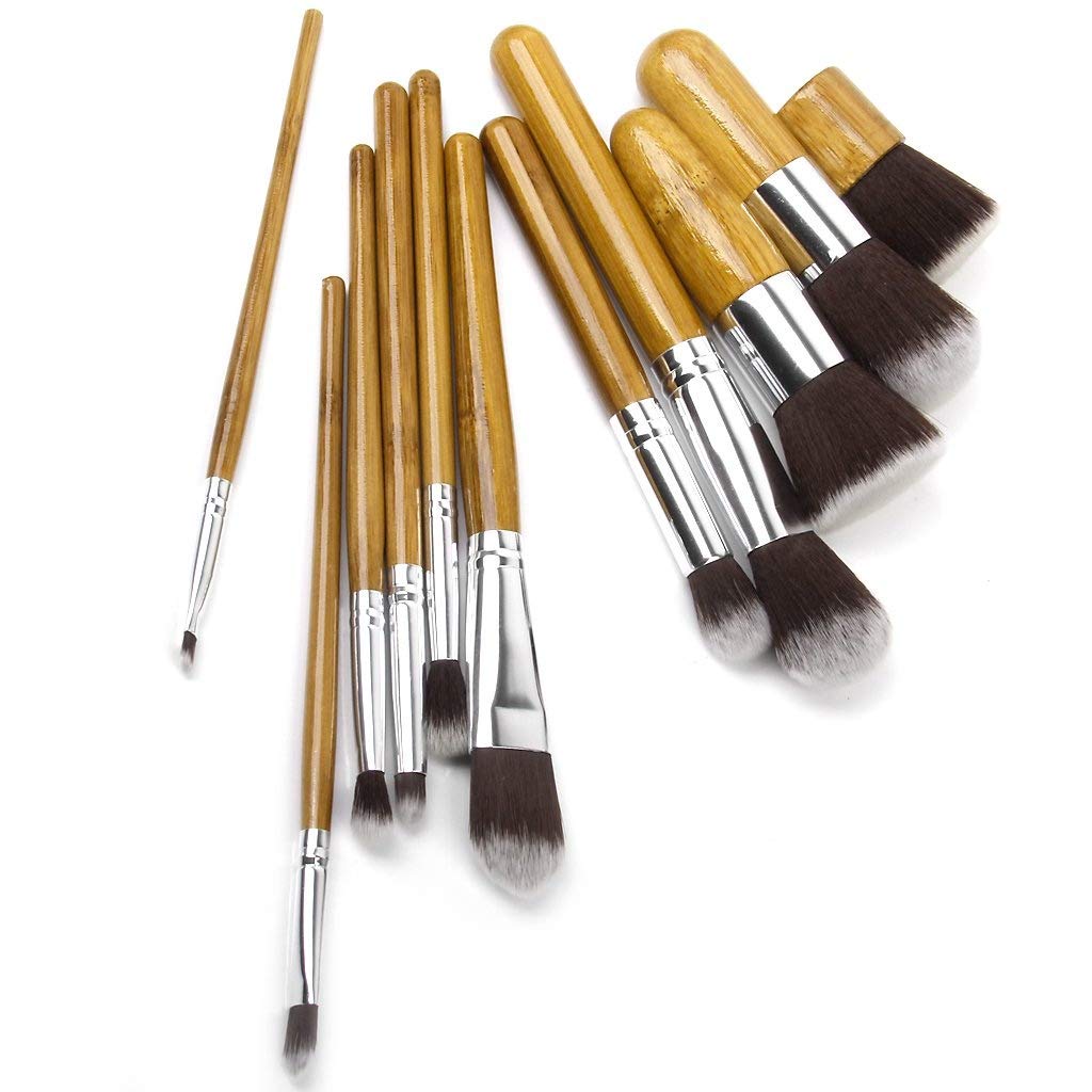 Angelie Professional 11-Piece Wooden Makeup Brush Set with Blender Sponge - Perfect for Foundation, Contouring & Eyeshadow Application
