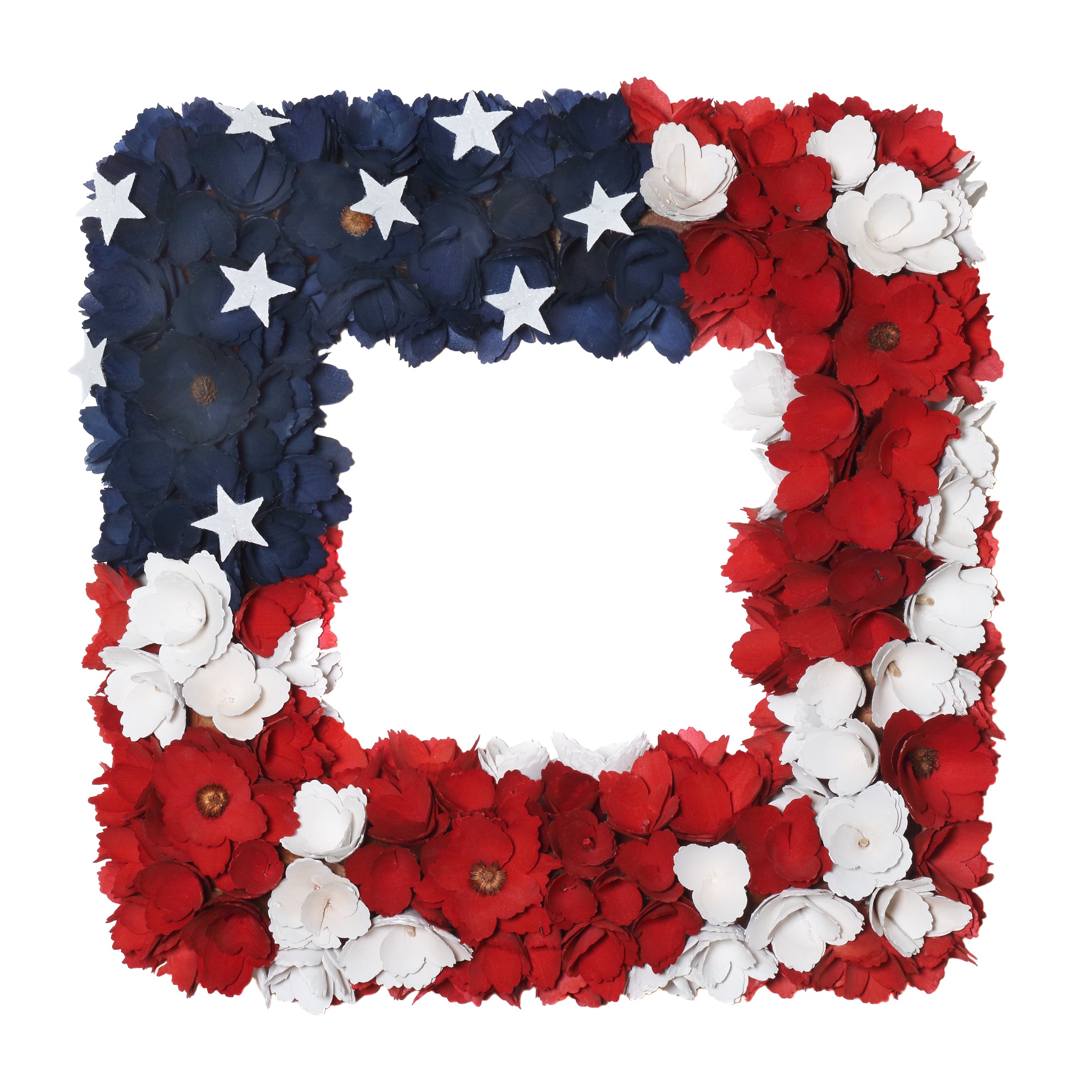 22 Inch Patriotic Hanging Square Wreath with Red White and Blue Flowers and Stars - Perfect for 4th of July, Memorial Day, Veterans Day Decorations and Front Door Wall Decor