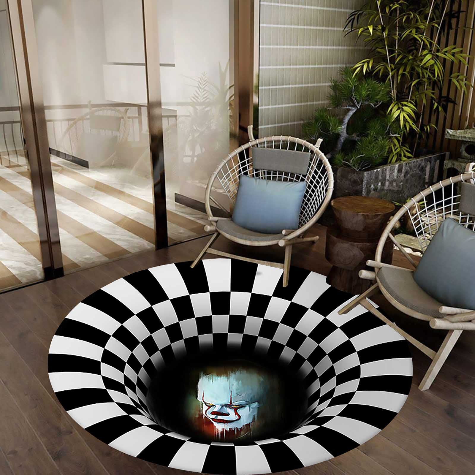 3D Vortex Geometric Pattern Round Rug - Black & White Plaid Illusion Area Rug - Modern Polyester Anti-Slip Washable Circle Carpet - 140cm Indoor Floor Mat for Living Room, Bedroom, Dorm & Office Decor