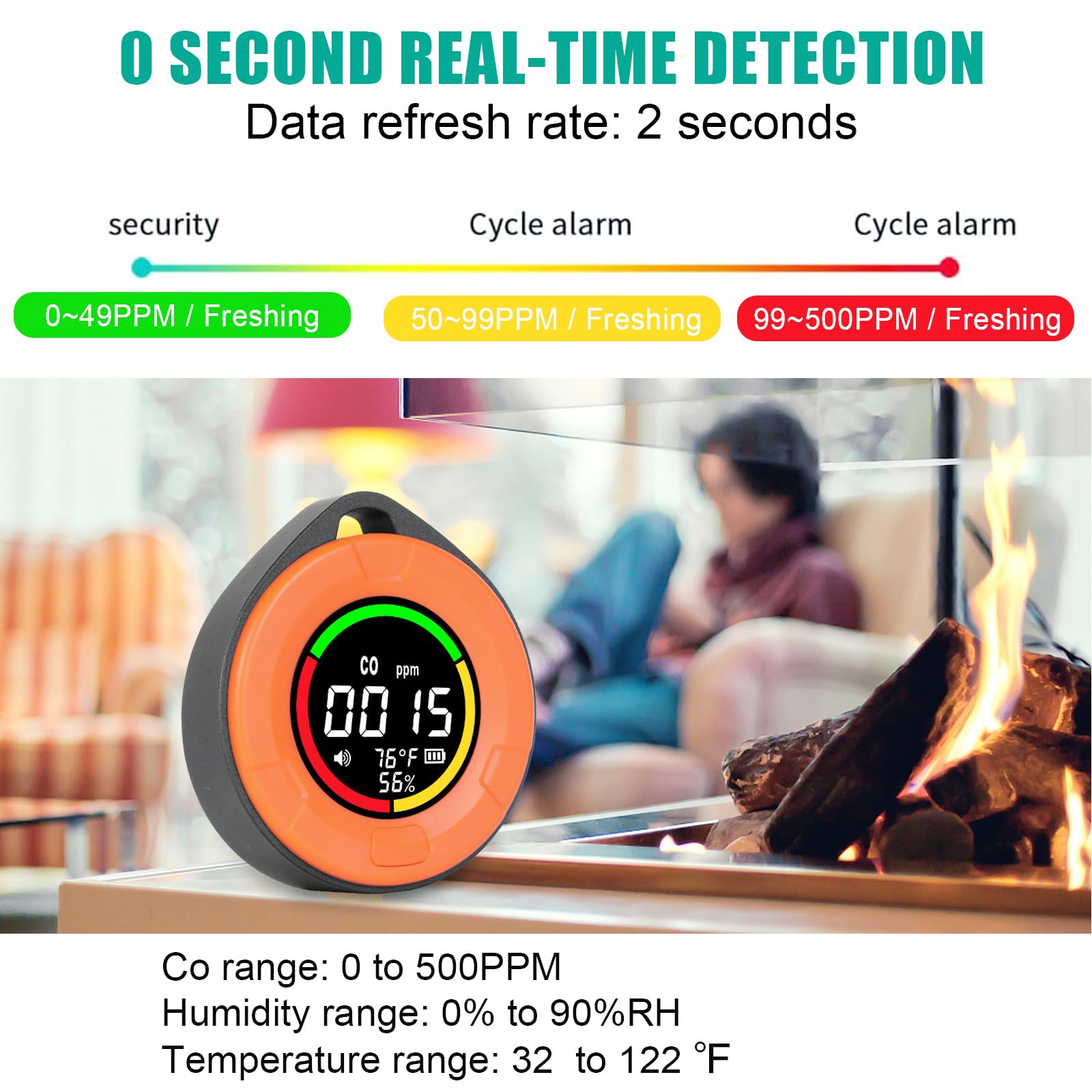 3-in-1 Portable Carbon Monoxide Detector with Air Quality Monitor - Mini CO Gas Alarm Sensor for Temperature & Humidity Detection - Ideal for Travel, Camping, RV, Car & Indoor Use (Orange)