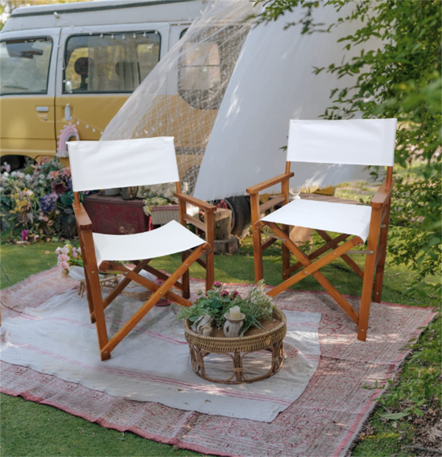 Set of 2 Professional Folding Director Chairs - Portable Dining Height Artist Chairs with Natural Wood Frame & White Canvas - Lightweight Camping Lawn Chairs for Backyard, Beach, Picnics, and Outdoor Events