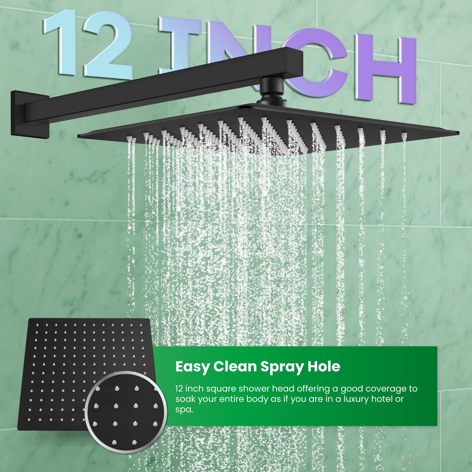 Gotonovo Rainfall Shower System - 12 Inch Matte Black Wall Mounted Shower Head & Handle Combo with Solid Brass Pressure Balancing Mixer Valve - Perfect for Modern Bathrooms, Spa-Like Experience, High Pressure Rainfall Shower
