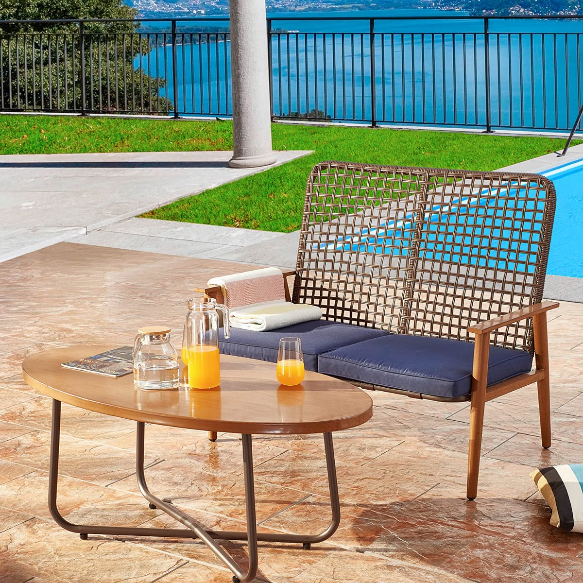 PatioFestival 2-Piece Outdoor Loveseat Set with Coffee Table - Wood Grain Finish Bistro Furniture for Lawn, Porch, Garden & Poolside - Perfect for Relaxing & Entertaining (Large, Blue)