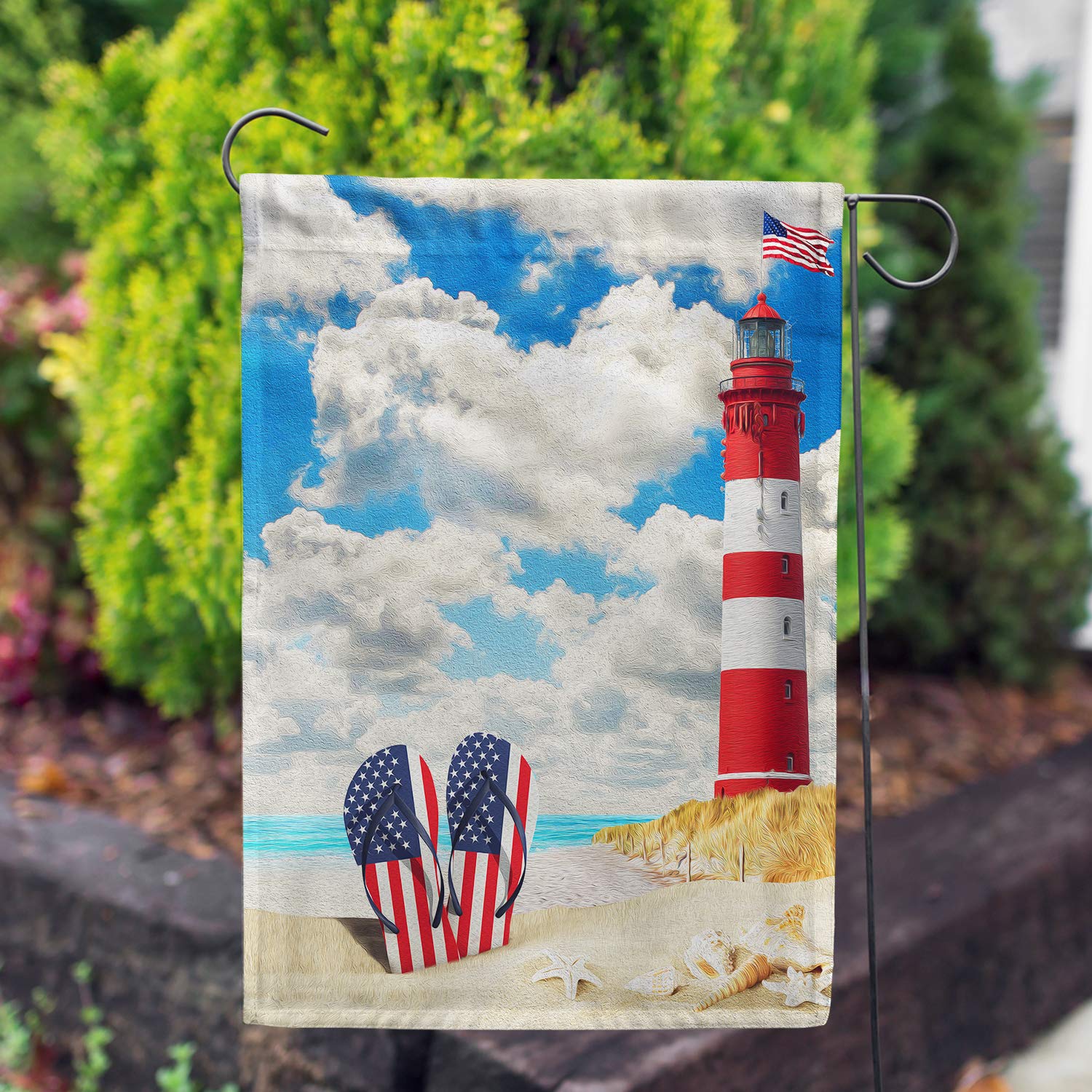 American Patriotic Flip Flops Summer Garden Flag – USA Beach Lighthouse Nautical Decor – Double-Sided Outdoor Yard Flag 12.5 x 18 Inches – Perfect for 4th of July, Memorial Day & Backyard BBQs