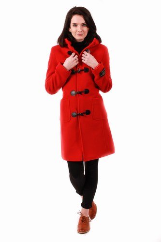 Women's Red Hooded Wool Cashmere Duffle Coat Jacket with Pockets - Warm Winter Outerwear for Casual Outings & Travel