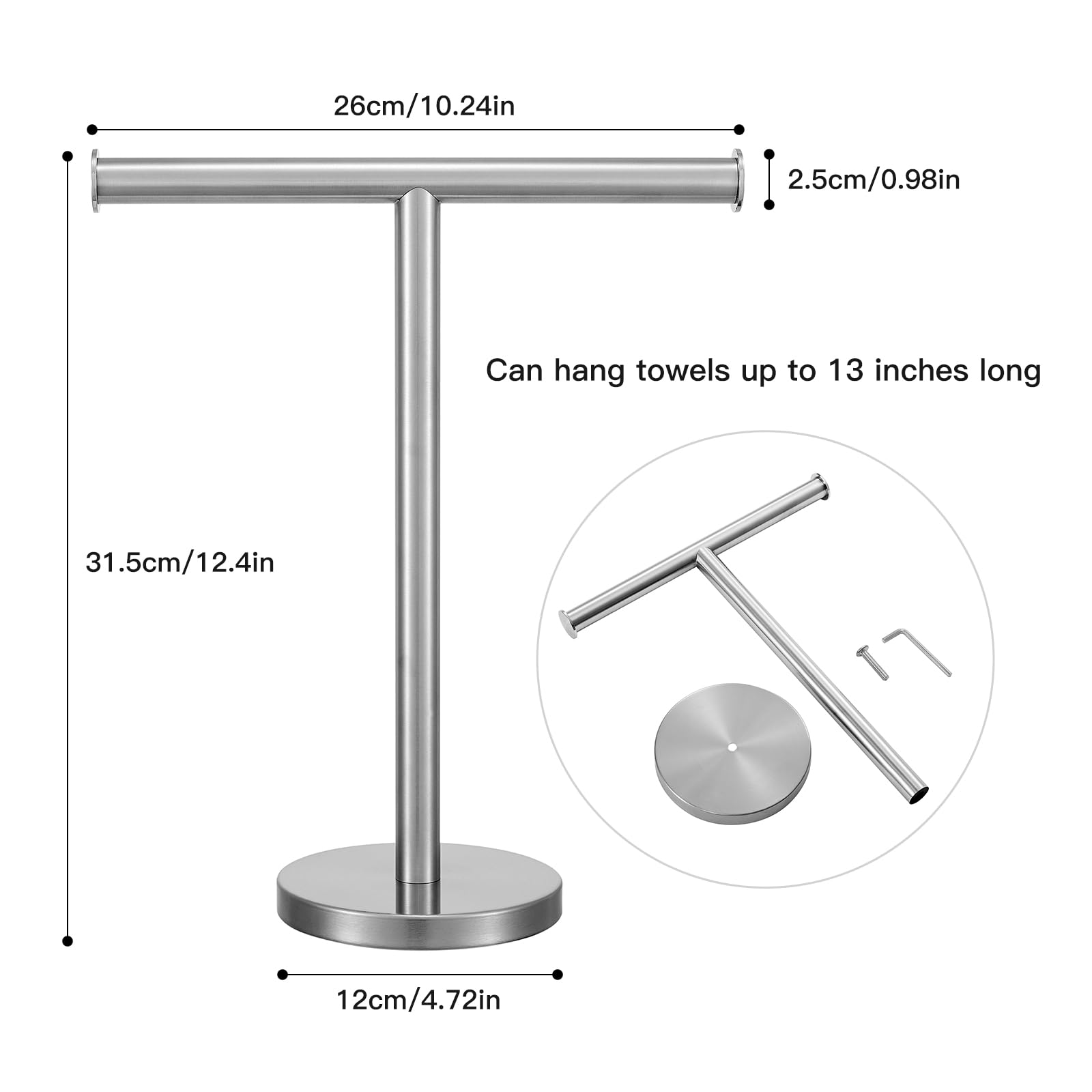 Stainless Steel T-Shape Towel Holder Stand - Brushed Nickel Bathroom & Kitchen Towel Rack with Heavy Base - Durable SUS304 Tower Bar for Countertop, Vanity & Spa Use