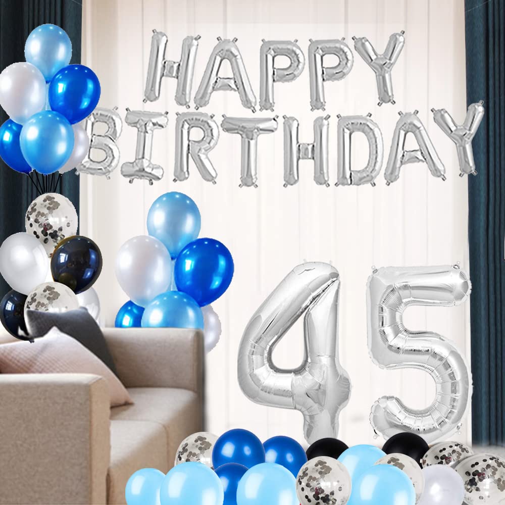 45th Birthday Party Decorations Set - Happy Birthday Foil Banner, Number 45 & Star Foil Balloons, 47pcs Blue & Silver Latex Balloons - Perfect for Milestone Celebrations & Surprise Parties
