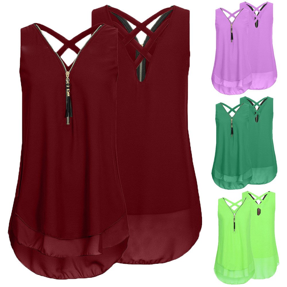 Women's Loose Fit Sleeveless Tank Top with Cross Back Design & Layered Hem - V-Neck Zipper Detail Casual T-Shirt for Summer, Gym, Yoga, and Everyday Wear