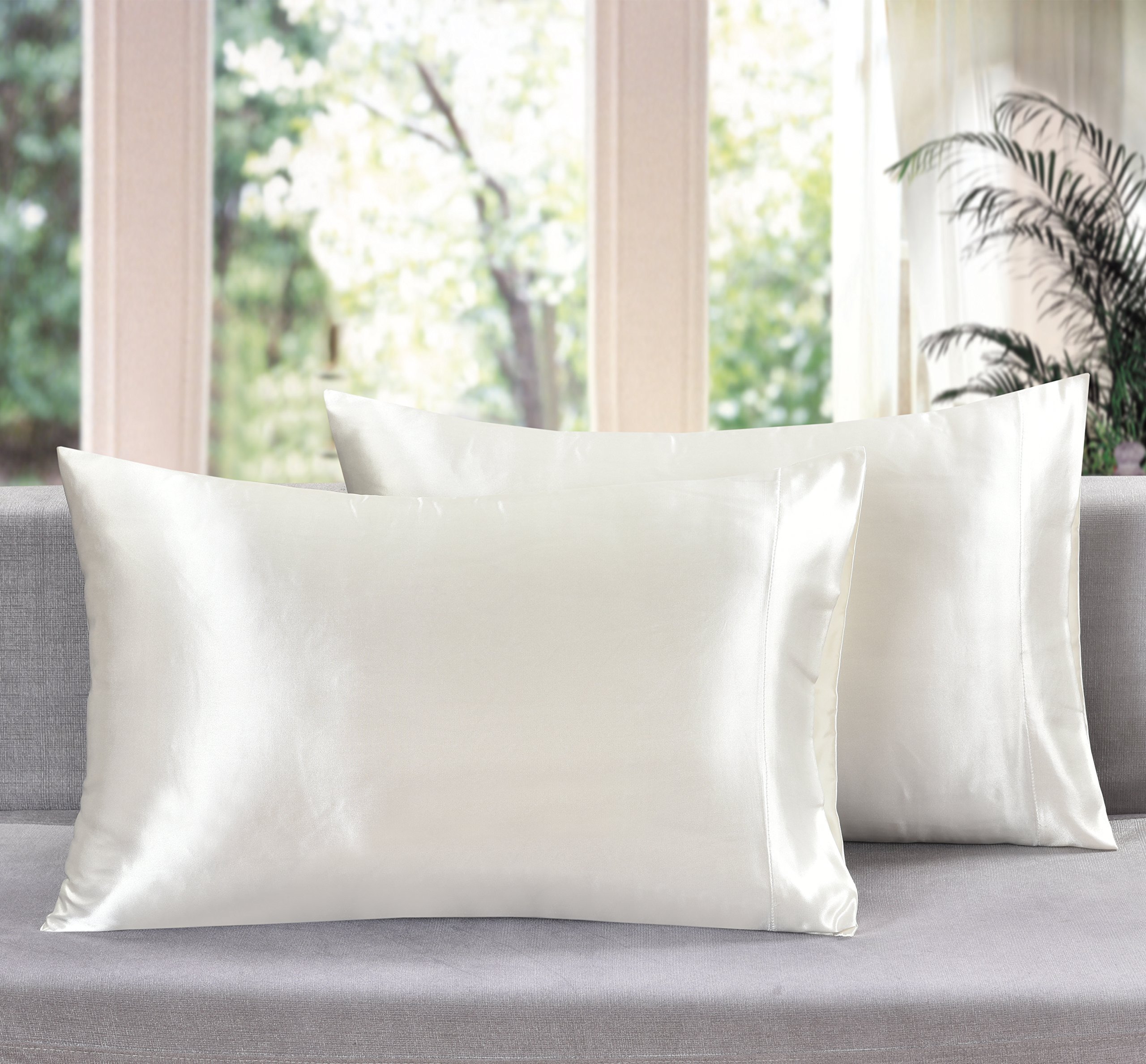 Aiking Home 2 Pack Queen Size Satin Pillowcases - Soft & Shiny Ivory Pillow Covers for Bedroom Decor, Luxury Sleep & Hotel Style Bedding