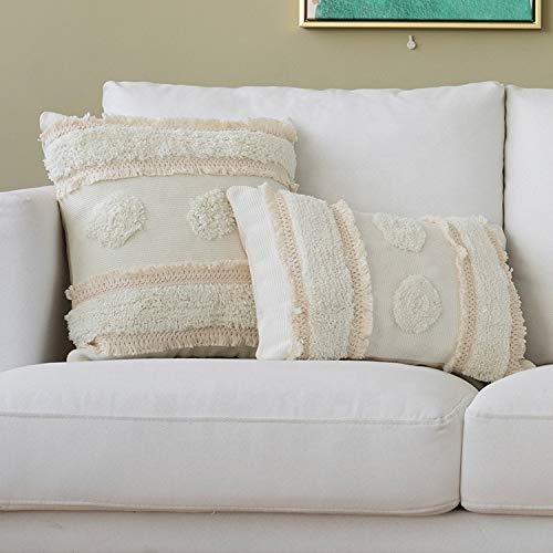 Boho Modern Tufted Shaggy Decorative Throw Pillow Cover for Couch, Sofa or Bed - Cream Lumbar Pillow Case 12x20 Inches (No Insert) - Perfect for Living Room, Bedroom Decor & Home Styling