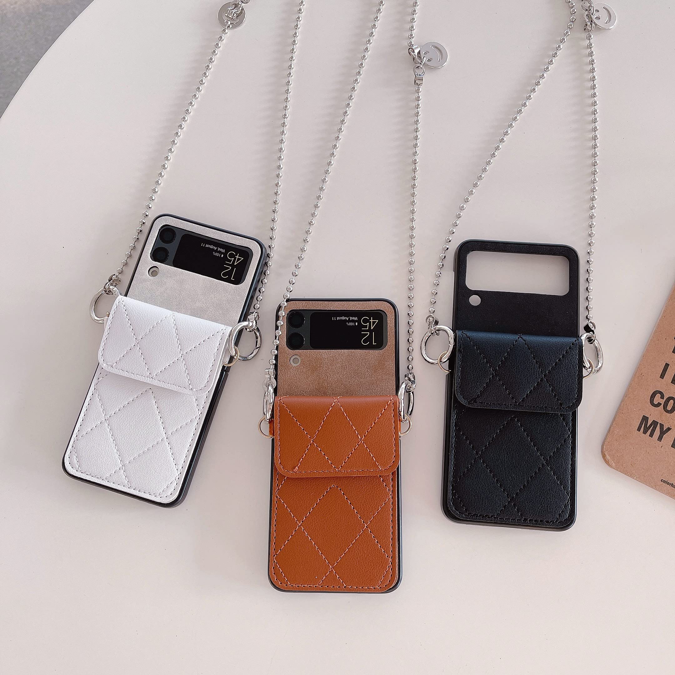 Luxury Leather Wallet Case for Samsung Galaxy Z Flip 3 5G (2021) - Cute Black Card Holder with Metal Chain Lanyard, Shockproof Flip Cover for Women & Girls | Perfect for Everyday Use, Travel, and Style Protection