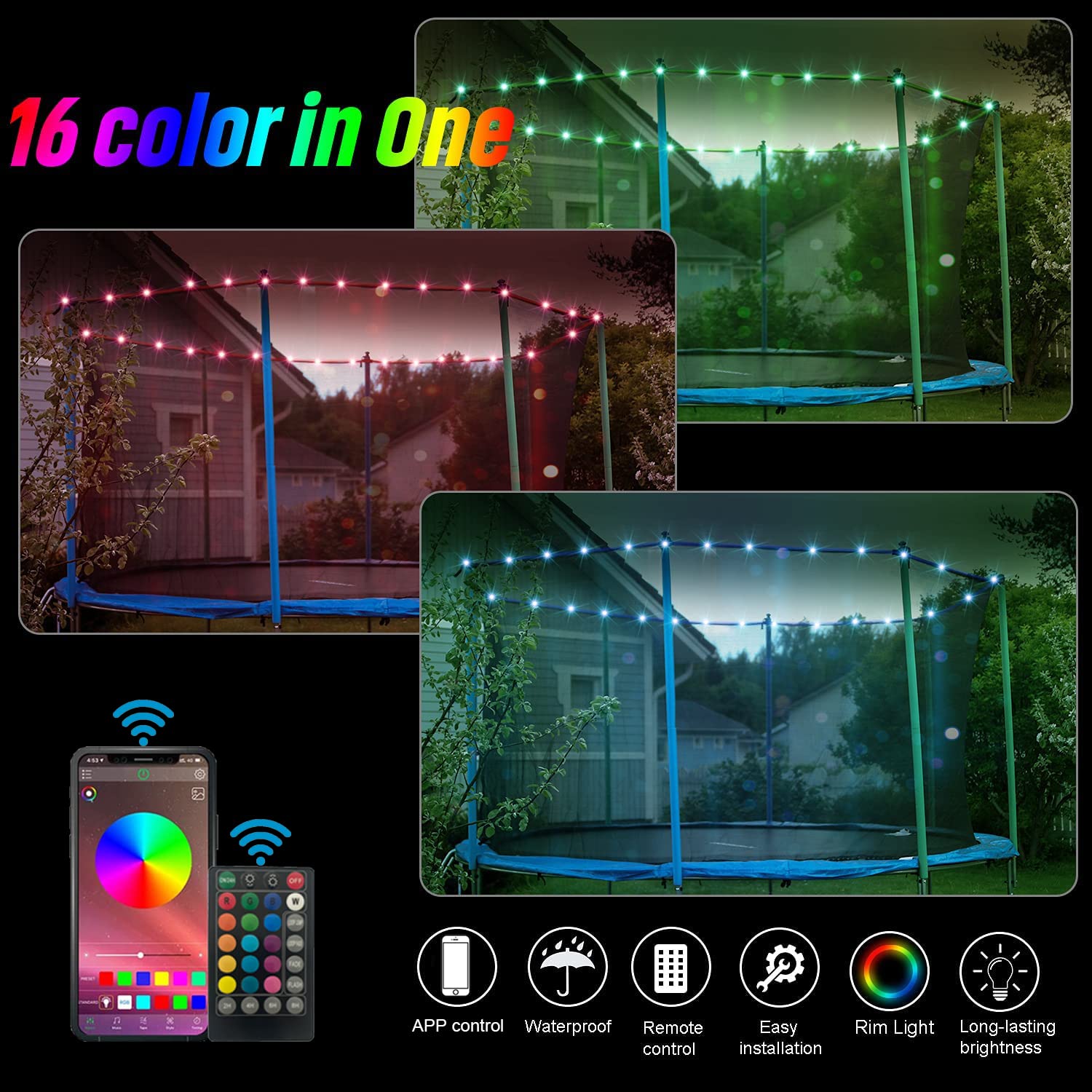 Upgraded APP & Remote Control LED Trampoline Lights - 16 Color Changing, Waterproof, Battery Powered for Outdoor Night Play | Perfect for Backyard Parties, Family Fun & Nighttime Trampoline Activities