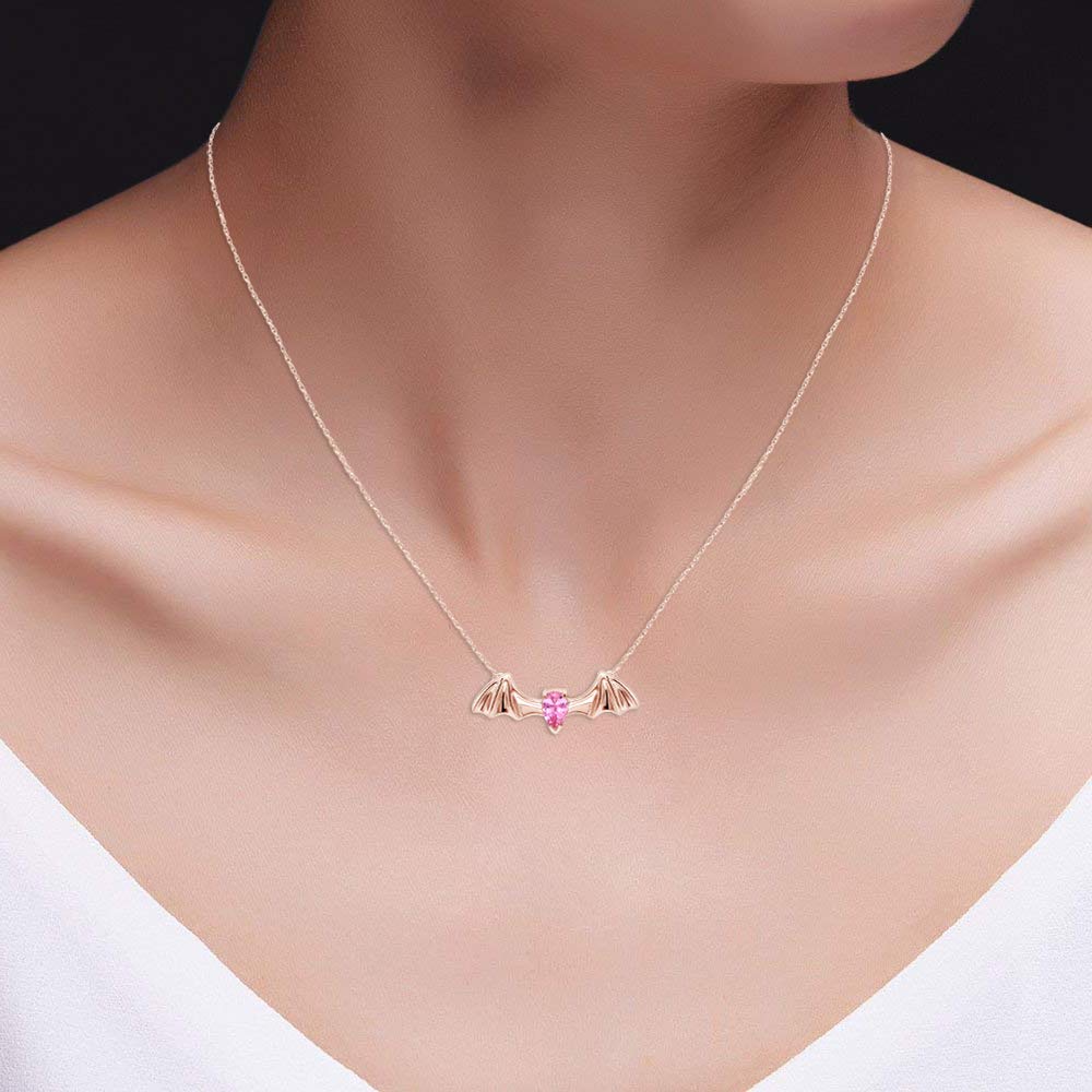 925 Sterling Silver Pear Shape Simulated CZ Flying Bat Pendant Necklace - Elegant Gothic Jewelry for Halloween, Cosplay & Vampire Themed Parties