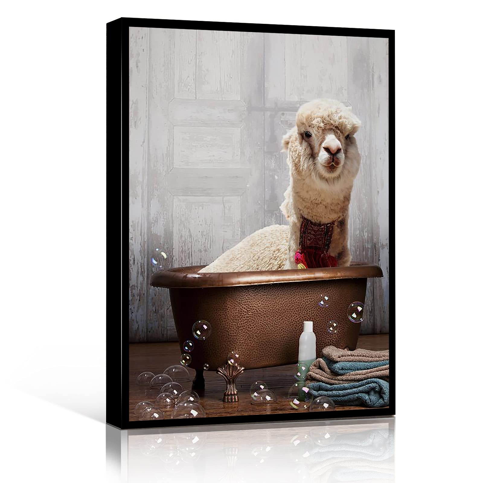 Llama Bathtub Art Print - 8x12 Inch Wood Framed Modern Canvas Wall Art for Small Room, Glam & Baby Bedroom Decor - Perfect for Bathroom, Nursery, Kids Room & Boho Home Decor