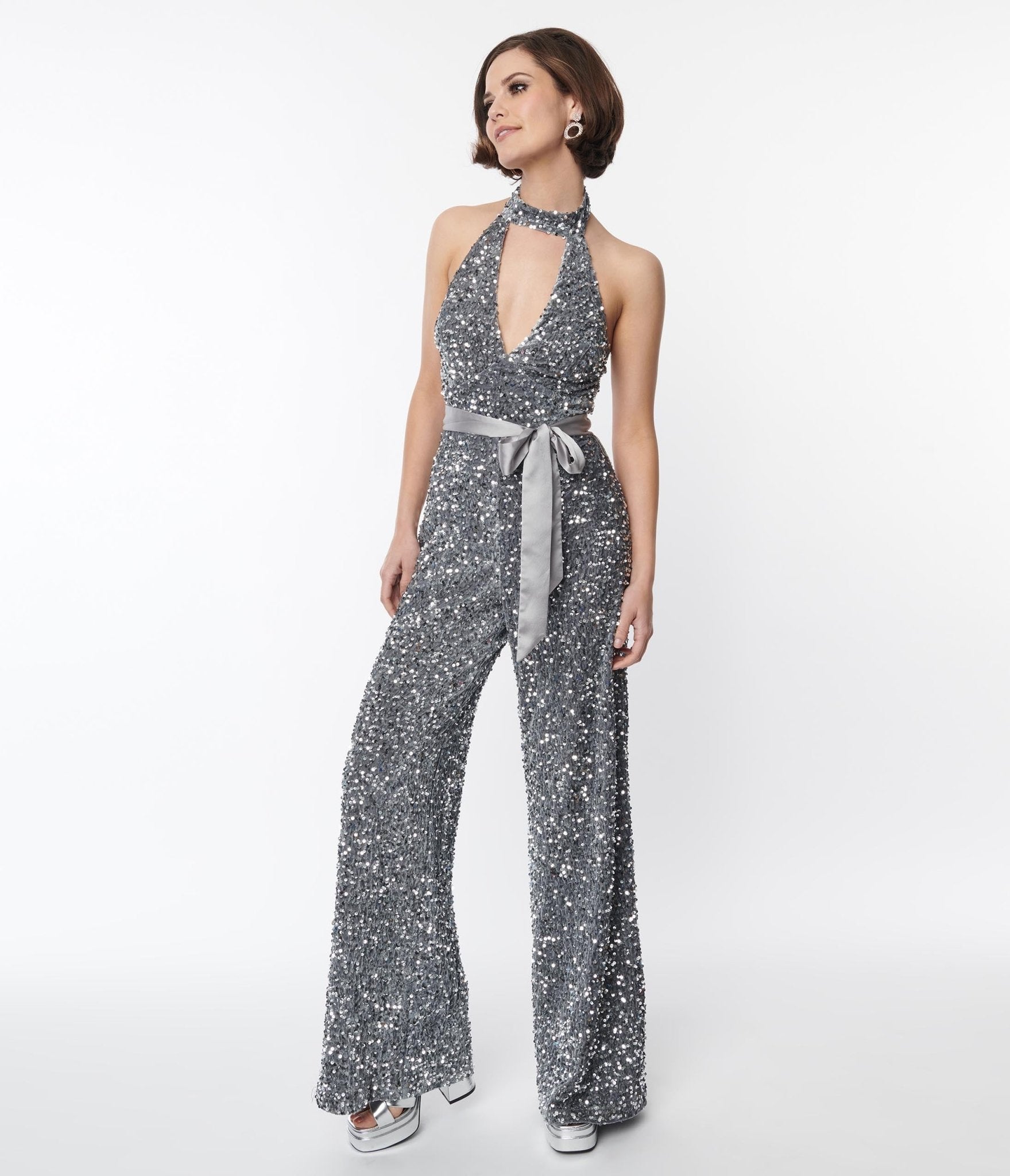 Smak Parlour Silver Sequin Glamour Goddess Jumpsuit for Women - Sparkly Party Outfit for Nightclub, Prom, or Special Events
