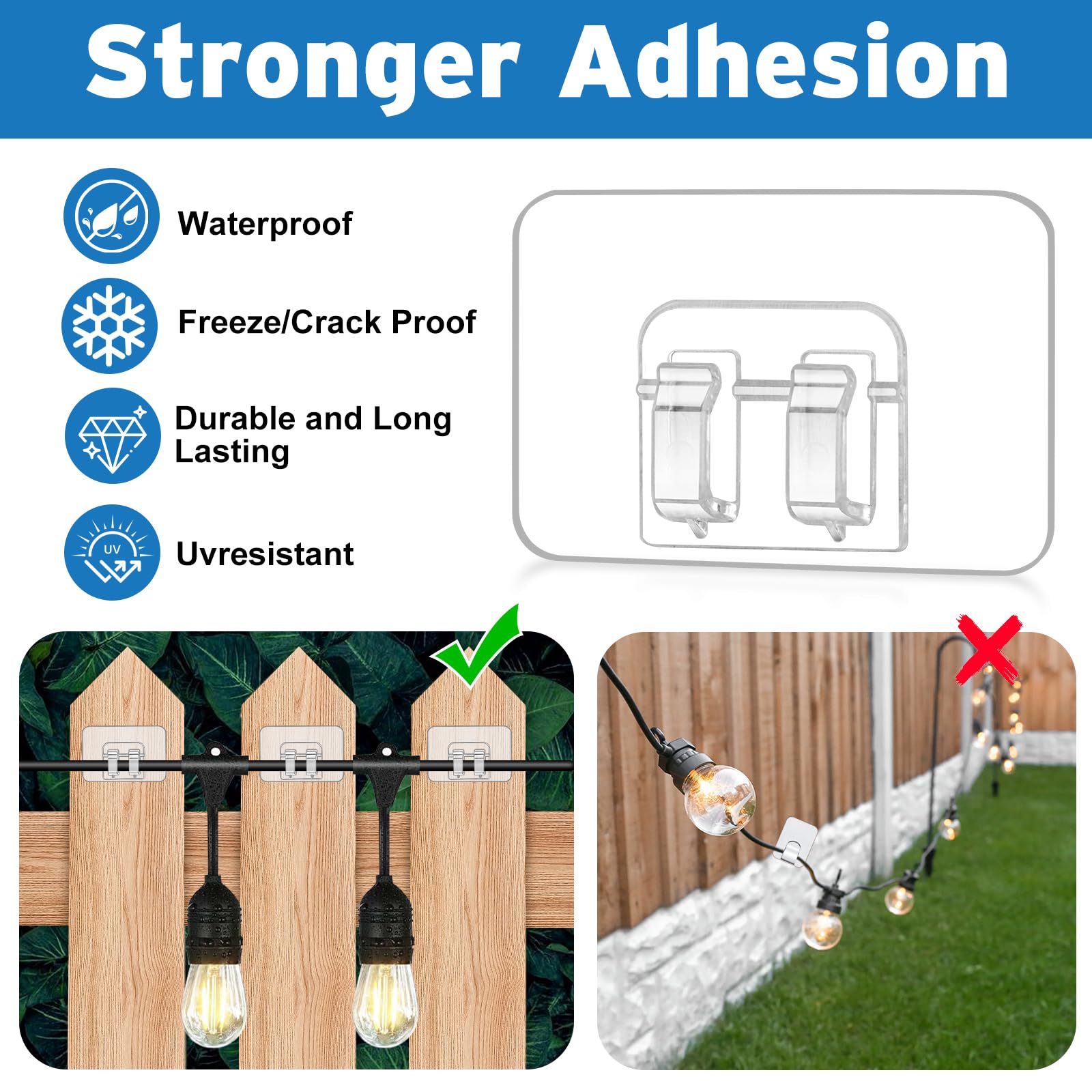 100 Pack Heavy Duty Outdoor Light Hooks with Adhesive Strips - Clear Cable Clips for Hanging Christmas Lights & Patio Decor - Perfect for Holiday String Lights, Garden Parties, and Backyard Decorations