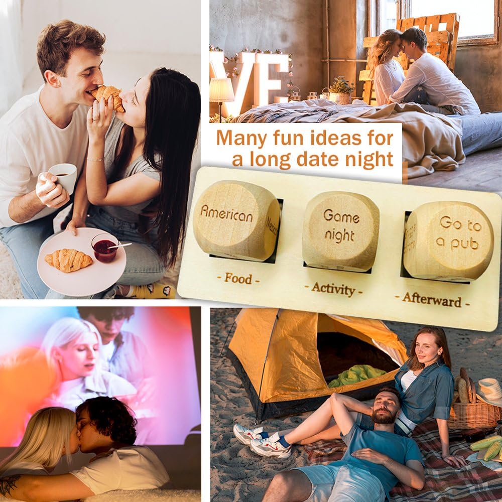 2024 Romantic Wooden Date Night Dice for Couples - Fun Decision Making Game for Food & Activities - Perfect Couple Gift for Boyfriend, Girlfriend or Newlyweds - Great for Anniversary, Valentine's Day & Romantic Evenings at Home
