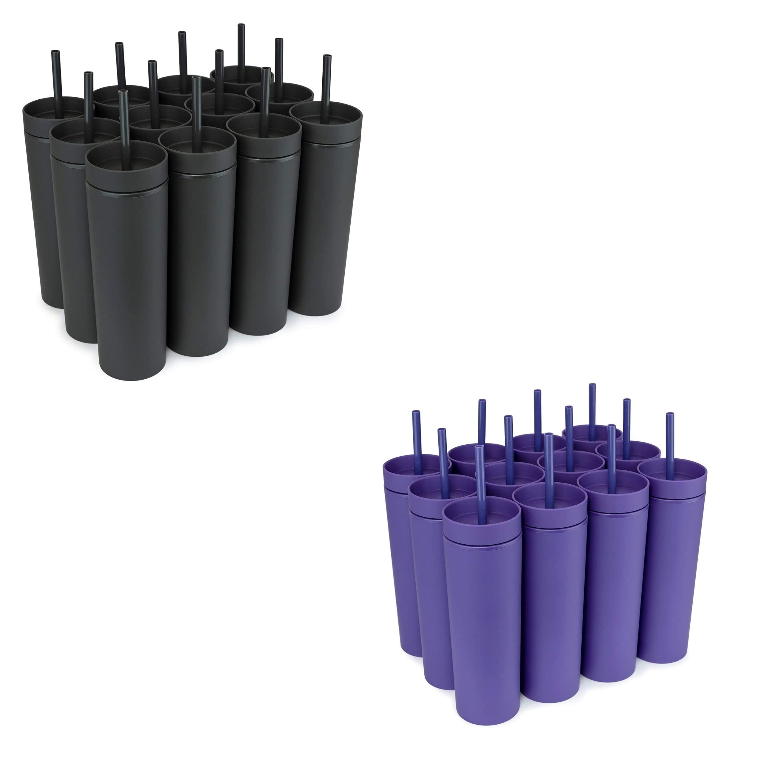 24 Pack Matte Pastel Tumblers - 12 Black & 12 Purple 16oz Insulated Cups | STRATA CUPS BUNDLE | Perfect for Coffee, Tea, Smoothies & Cold Drinks | Reusable Travel Mug for Office, Gym & Outdoor Activities