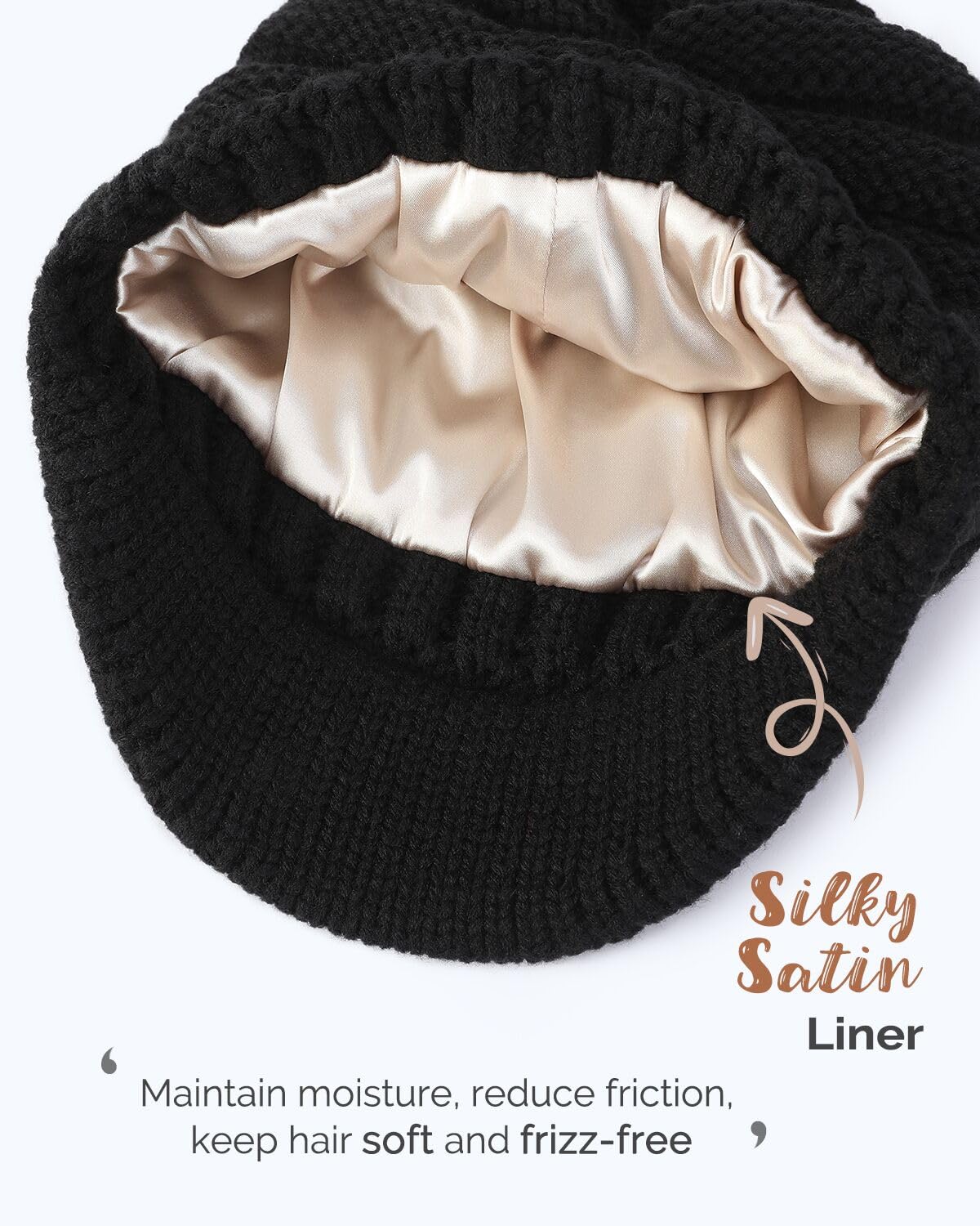 Satin Lined Winter Beanie Hat for Women & Men - Slouchy Knit Hat with Brim Visor - Warm Soft Unisex Beanie for Cold Weather - Perfect for Skiing, Snowboarding & Outdoor Activities
