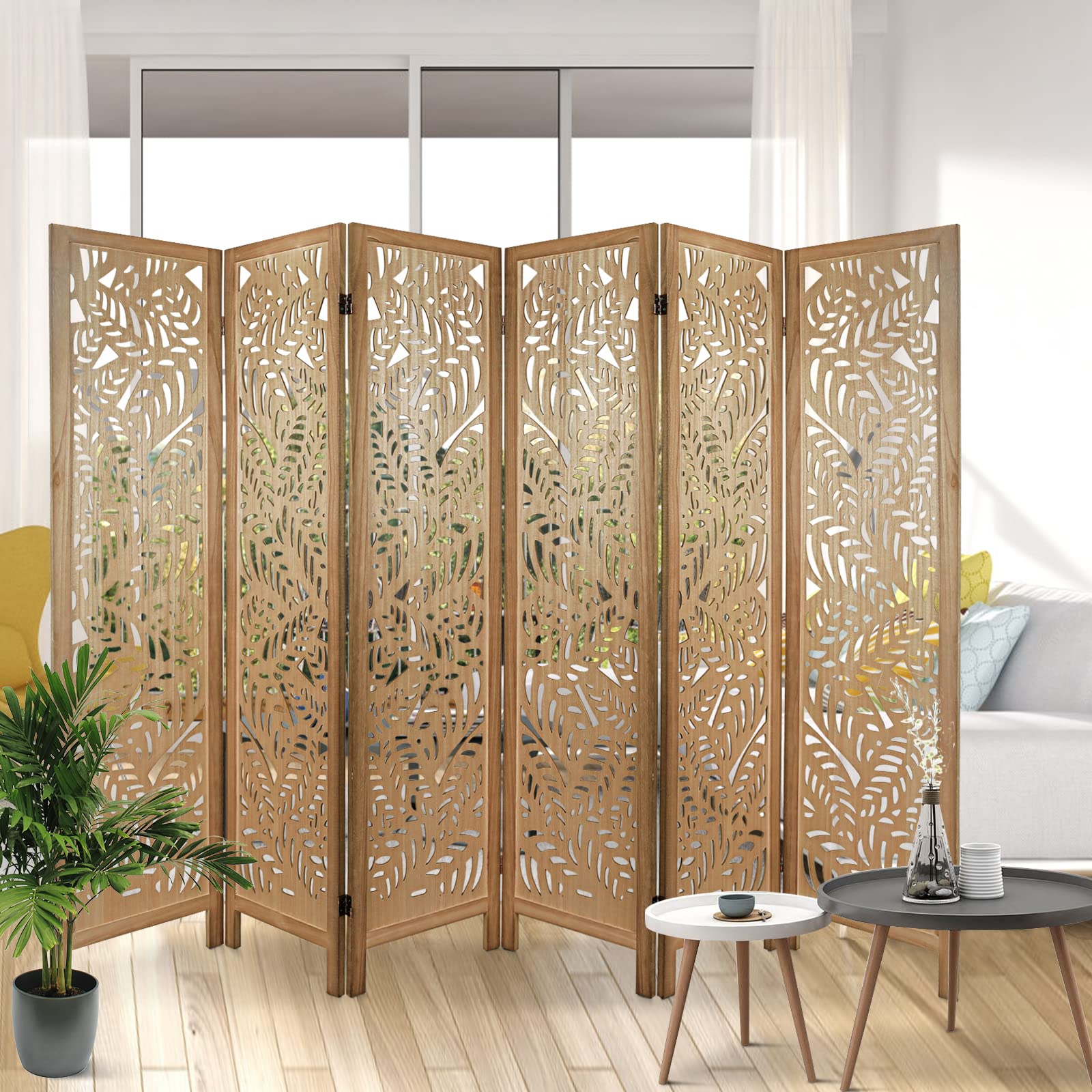 6 Panel Wooden Room Divider with Leaf Pattern - Hand Carved Folding Privacy Screen, Freestanding Partition for Home Decor, Bedroom, Office & Studio - Natural Home Decoration & Space Separator