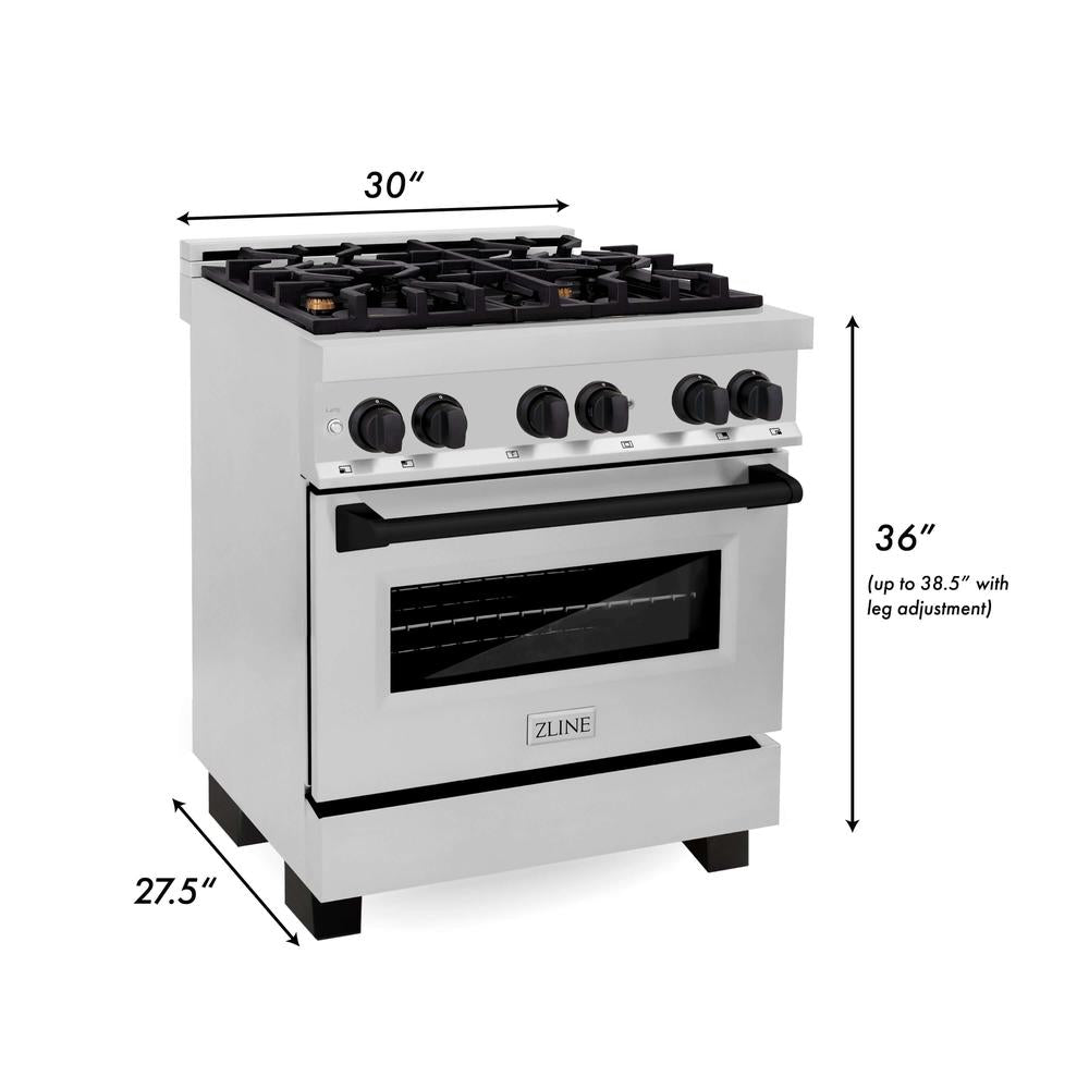 ZLINE Autograph Edition 30-inch Dual Fuel Range with Stainless Steel & Matte Black Accents - Complete Kitchen Package Includes Range Hood & 24-inch Dishwasher - Perfect for Modern Kitchens & Home Renovations