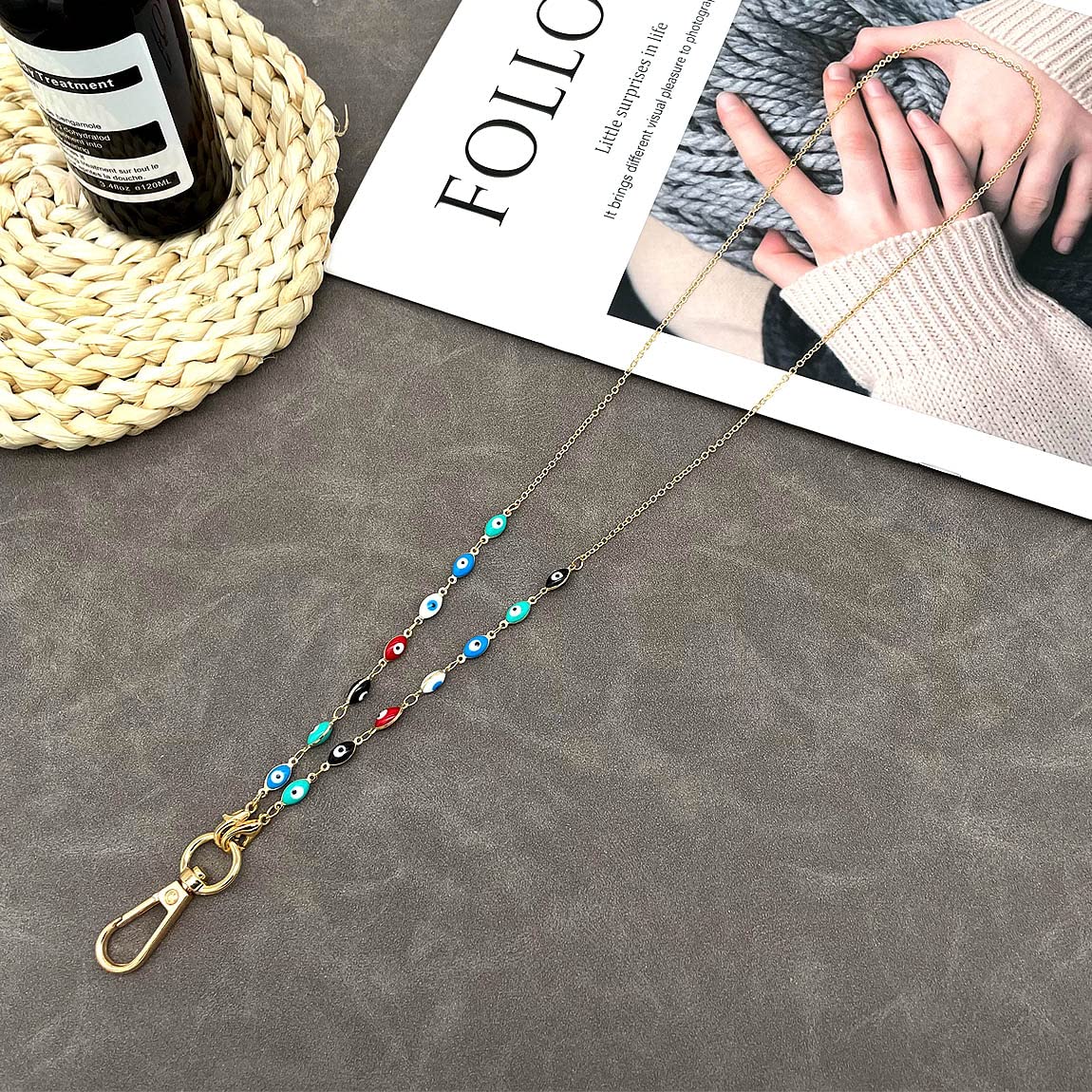 Evil Eye Lanyard for Cruise Ship Cards & ID Badges - Women's Gold Chain Necklace for Travel & Work