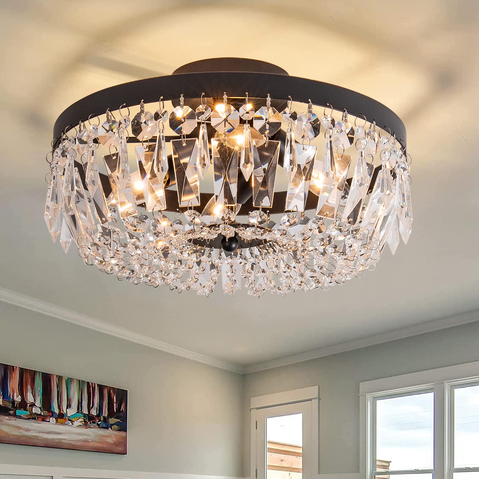 KSRYSZCQ Black Crystal Ceiling Light - 4-Light Semi-Flush Mount Fixture with Elegant Crystals for Bedroom, Living Room, Kitchen & Hallway | Modern Lighting for Dining Room, Foyer & Home Decor
