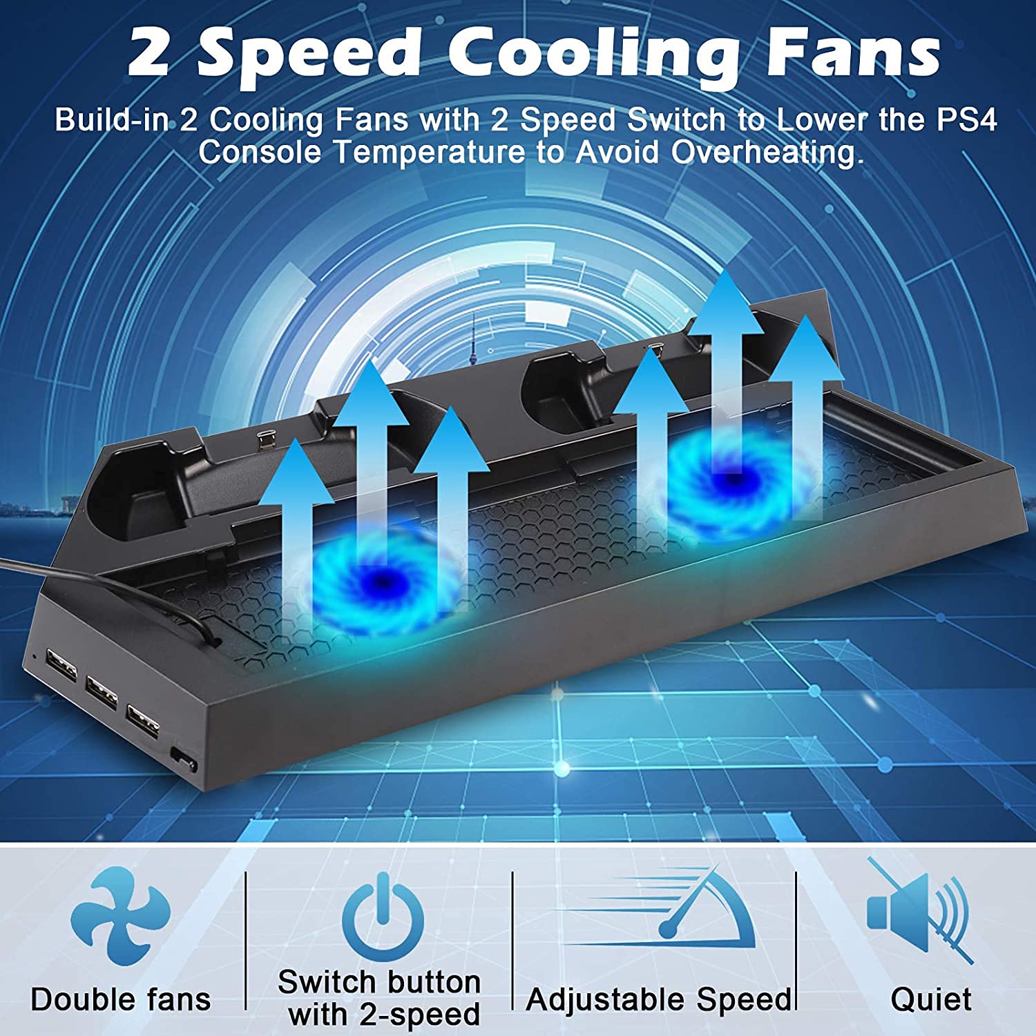 PS4 Vertical Charging Stand with Cooling Fan - 3-in-1 Dock for Playstation 4/PS4 Slim/PS4 Pro | Dual Controller Charger with LED Indicators | Perfect for Gaming Setup & Console Protection