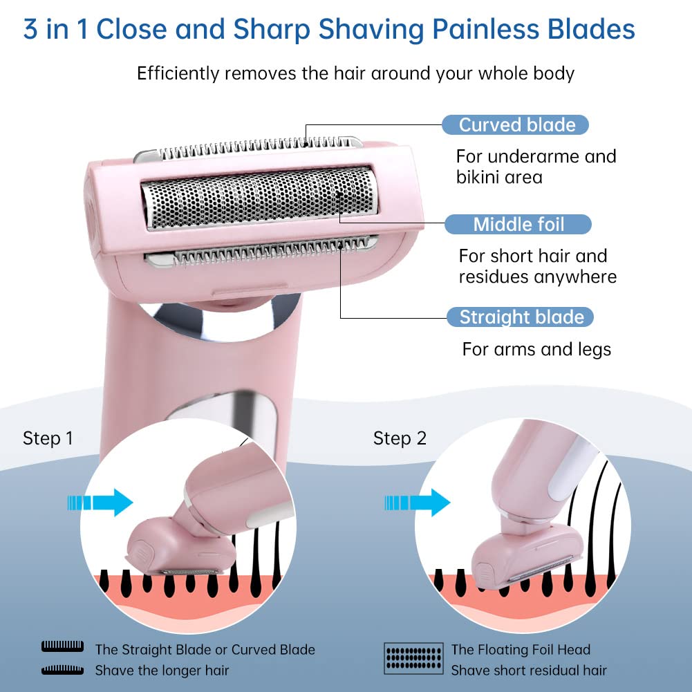 Hatteker Electric Lady Shaver Razor - Rechargeable Wet & Dry Waterproof Women's Bikini Trimmer for Legs, Underarms & Pubic Hair - Painless Hair Removal with Extendable Handle - Perfect for Travel, Gym & Home Use