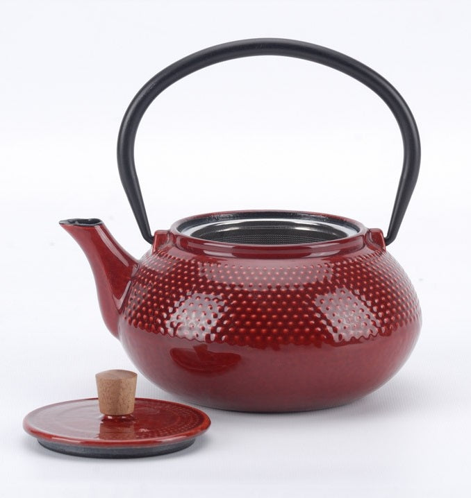Minimal 20Oz Red Enameled Cast Iron Tea Pot with Dot Pattern - Perfect for Loose Leaf Tea Brewing, Camping & Gift Giving