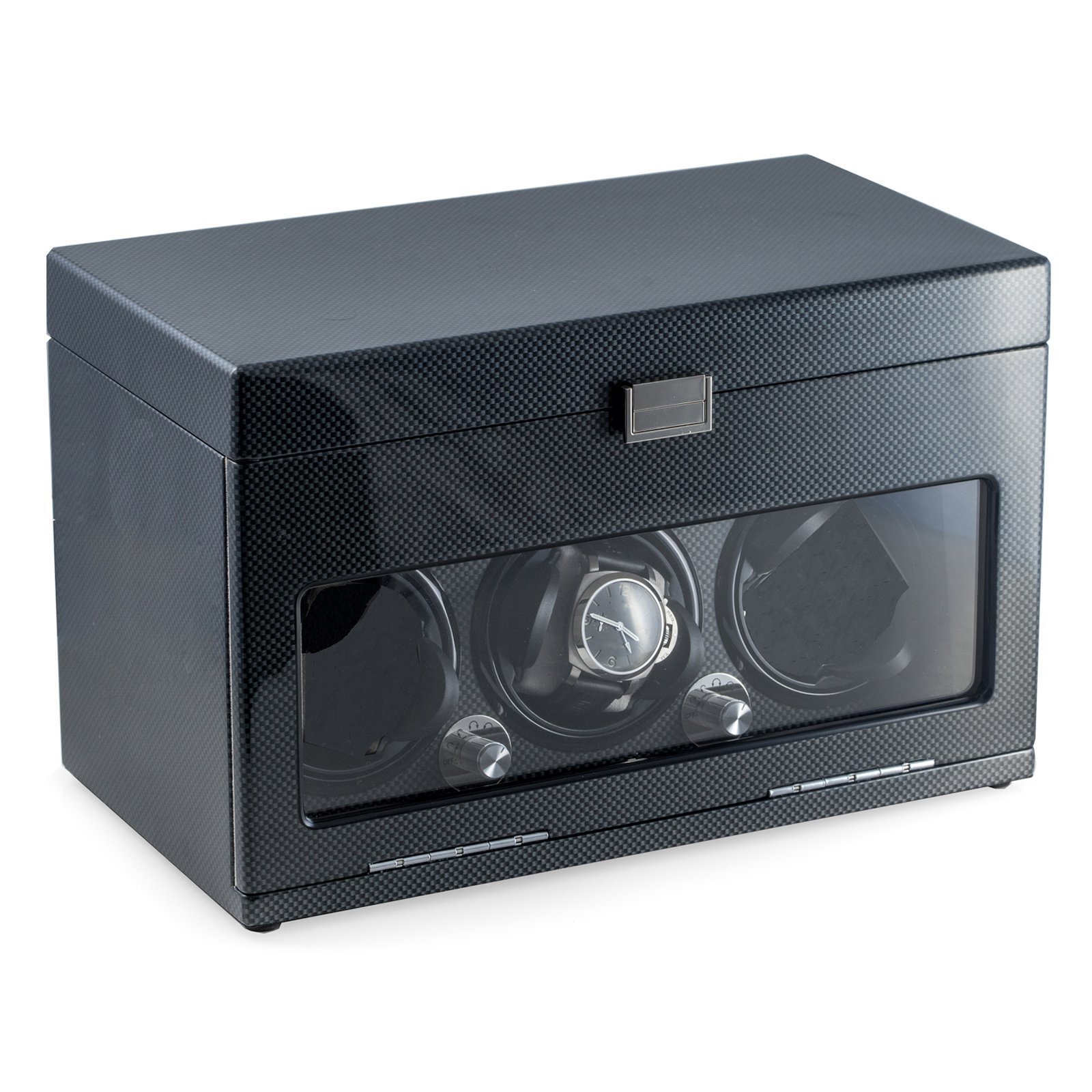 Bey-Berk BB681STL Carbon Fiber Watch Winder with 12 Watch Storage - 3 Winder Automatic Watch Box with Multiple Pre-Programmed Settings, Steel Gray - Perfect for Watch Collectors & Luxury Watch Storage at Home or Office