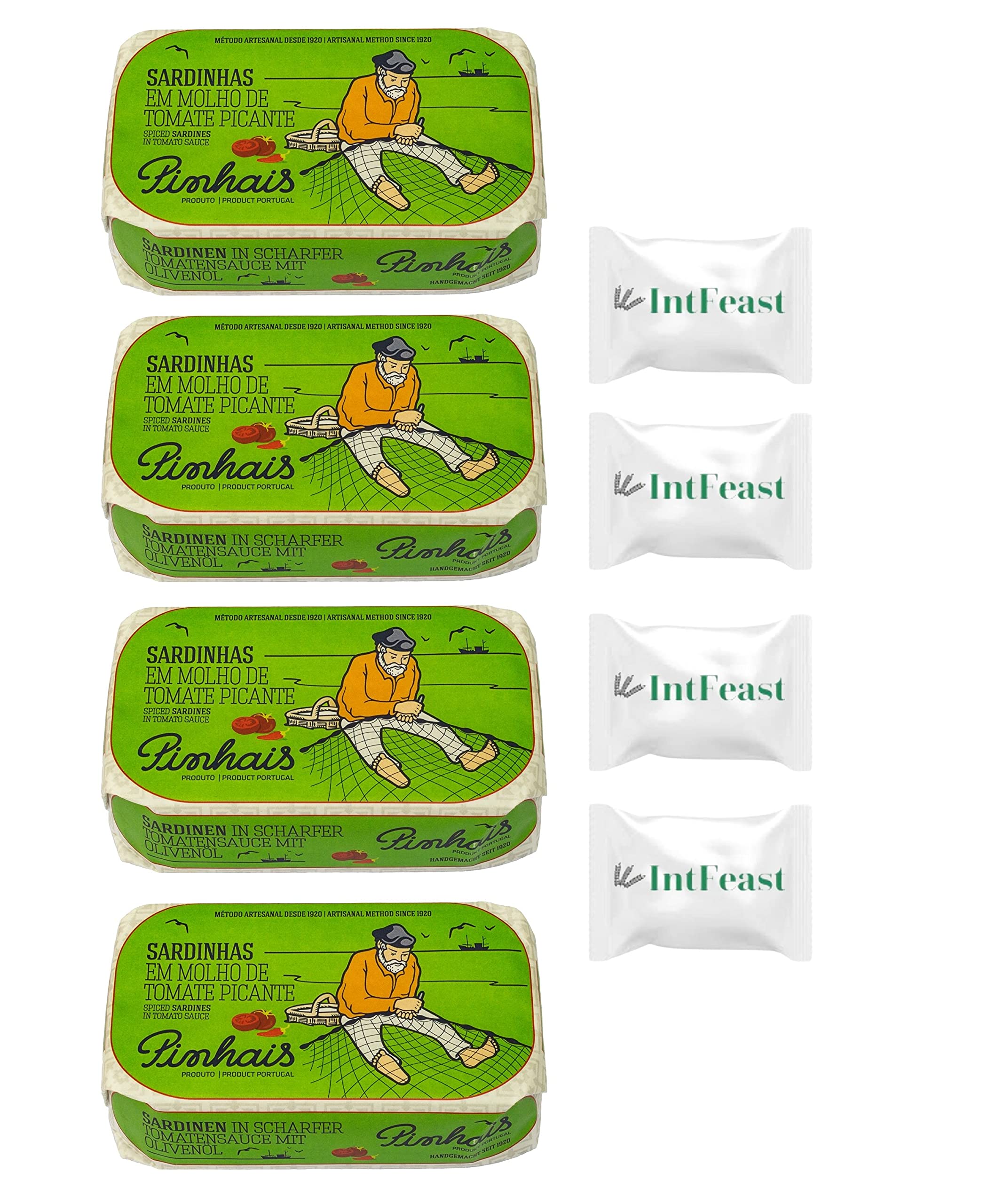 Premium Pinhais Spiced Sardines in Tomato Sauce - 4.4oz Canned Fish (Pack of 4) with 4 Intfeast Mints - High Protein Snack for Keto, Paleo & Mediterranean Diet - Perfect for Lunch Box, Camping & Quick Meals