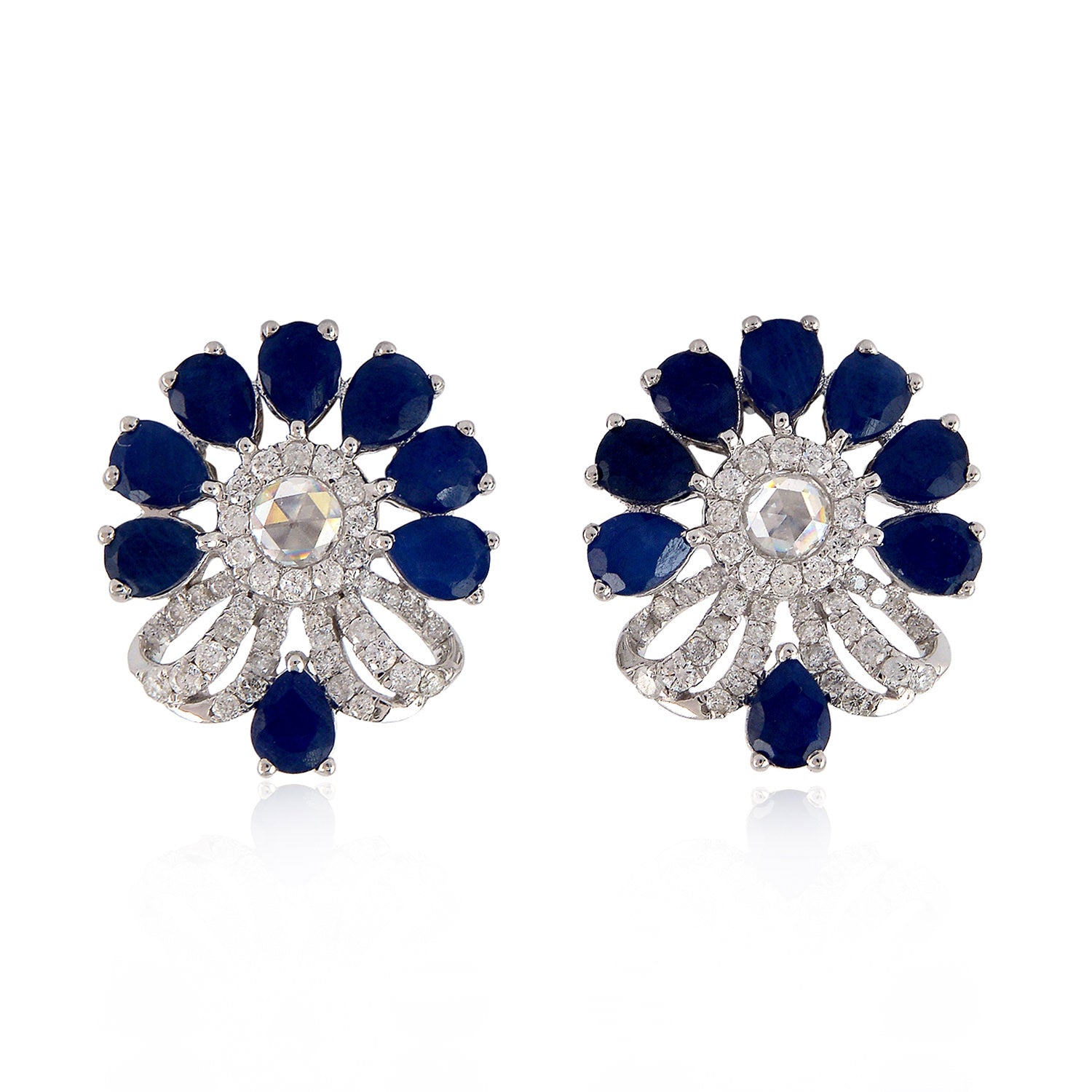 Blue Sapphire Diamond Stud Earrings in 18K White Gold - Elegant Gemstone Jewelry for Women, Perfect for Weddings & Special Occasions