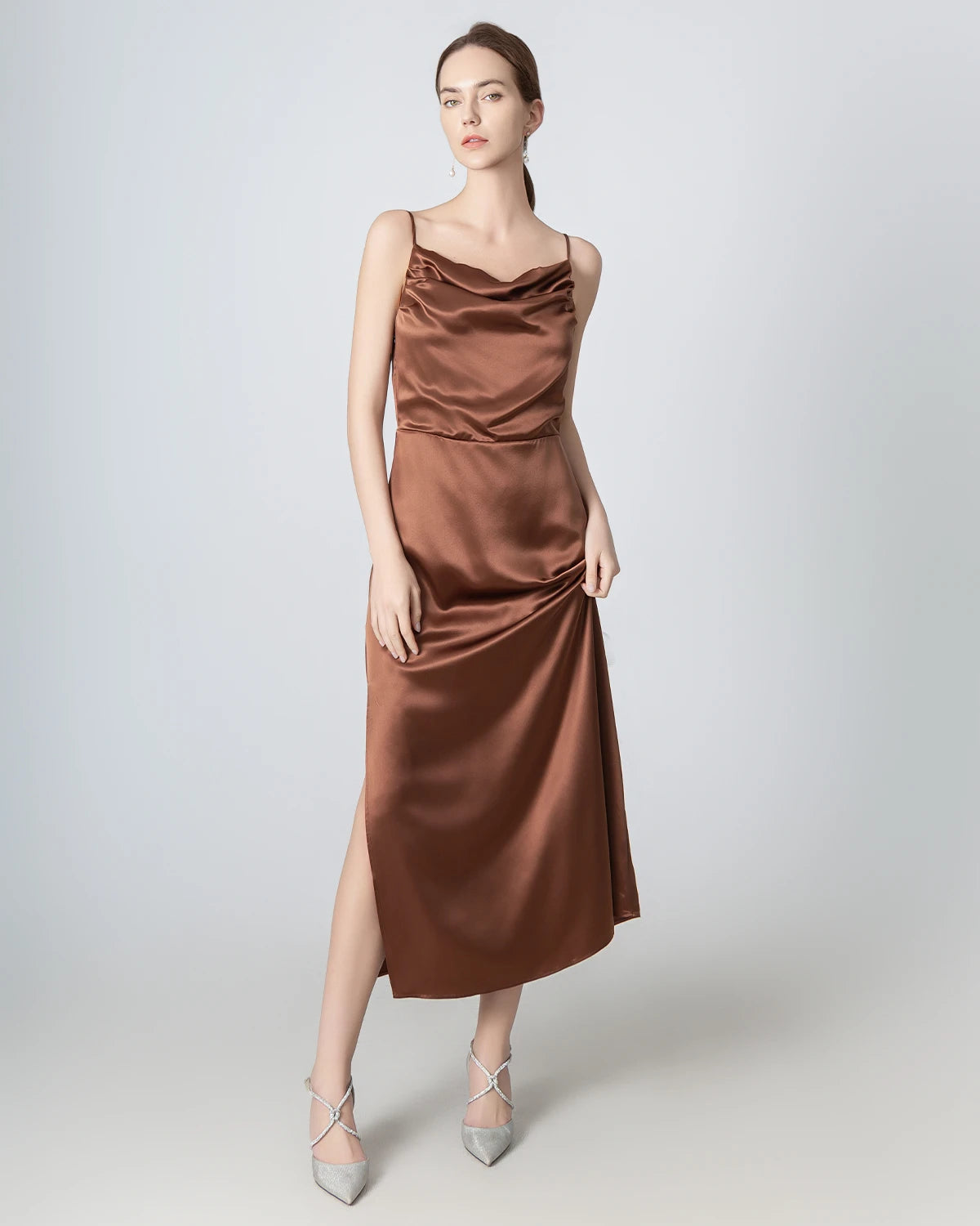 Elegant Pleated Cowl Neck Slit Maxi Silk Dress for Women - Perfect for Weddings, Parties & Evening Events