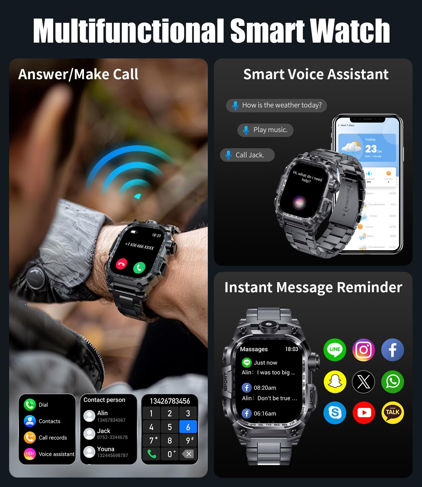 LIGE Military Smart Watch for Men - Answer/Make Calls, LED Flashlight, 2.01