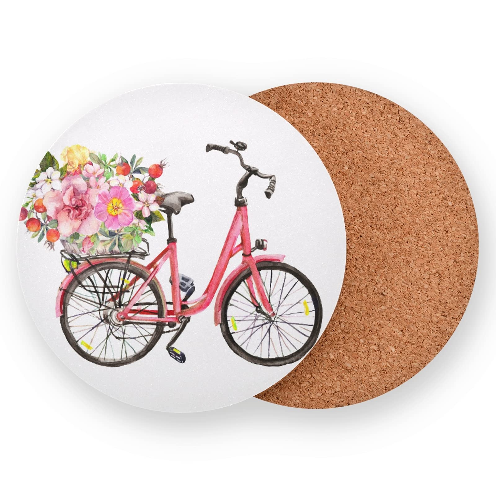 Absorbent Drink Coasters Set of 4 - Romantic Bicycle Flower Design with Wooden & Cork Base for Mugs, Cups - Perfect for Home, Office, Coffee Table or Tray Decor