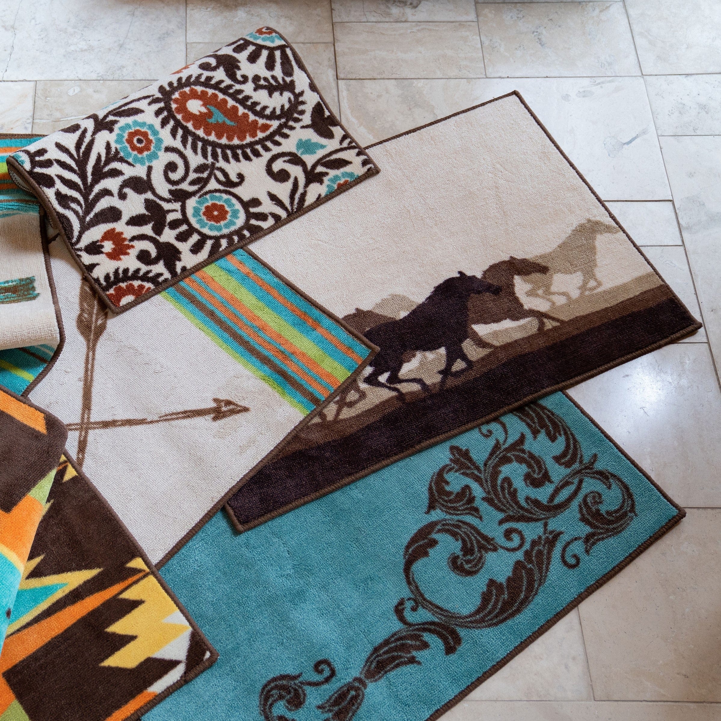 Wyatt Turquoise Scrollwork Non-Slip Kitchen and Bath Rug - Soft Absorbent Cotton Mat for Bathroom Floor, Shower, Laundry Room & Entryway