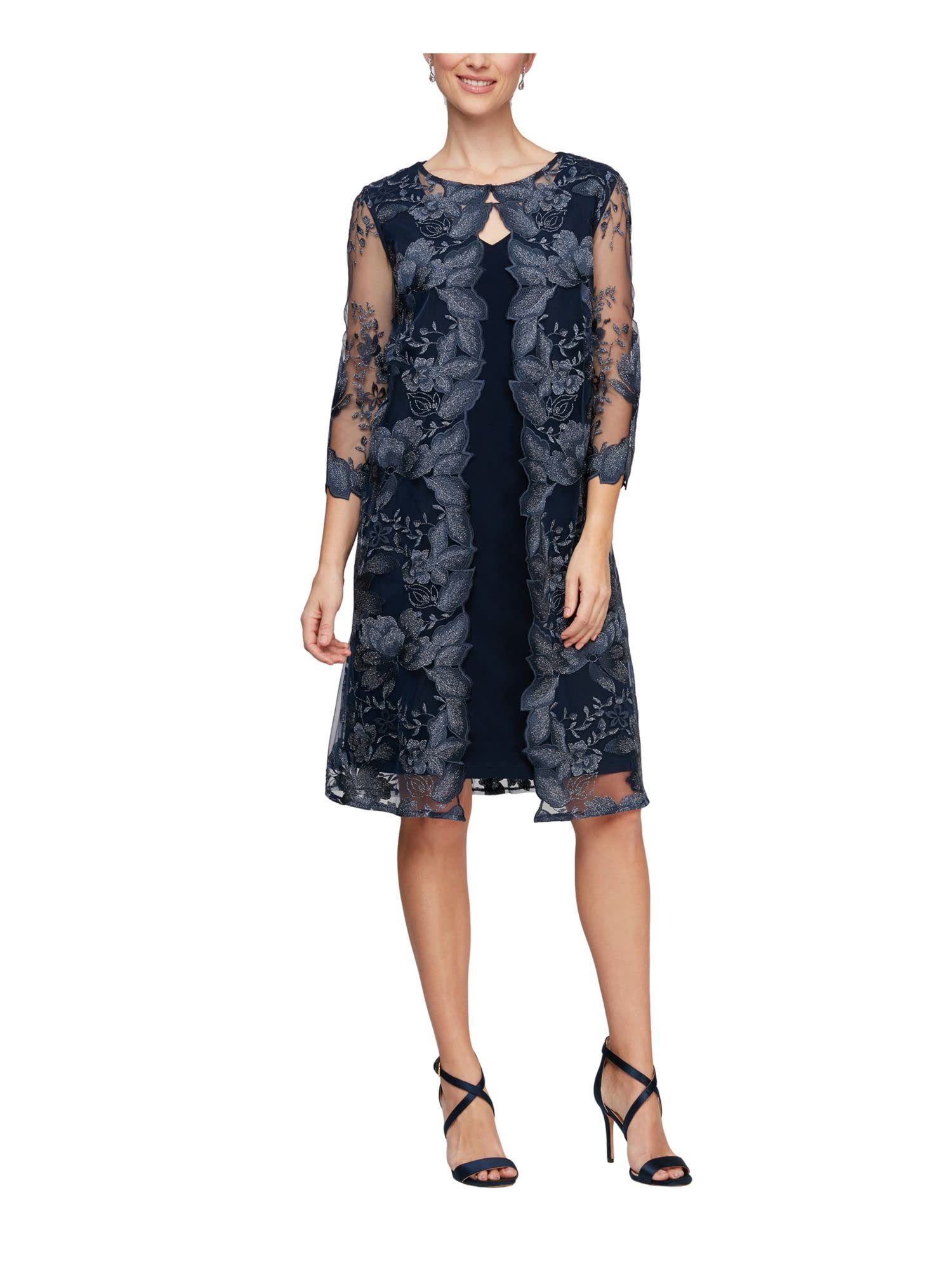 Alex Evenings Women's Embroidered Short Jacket Dress - Navy Blue Formal Attire for Weddings & Special Occasions (Petite & Regular Sizes 6P) | Perfect for Cocktail Parties, Evening Galas & Bridal Showers