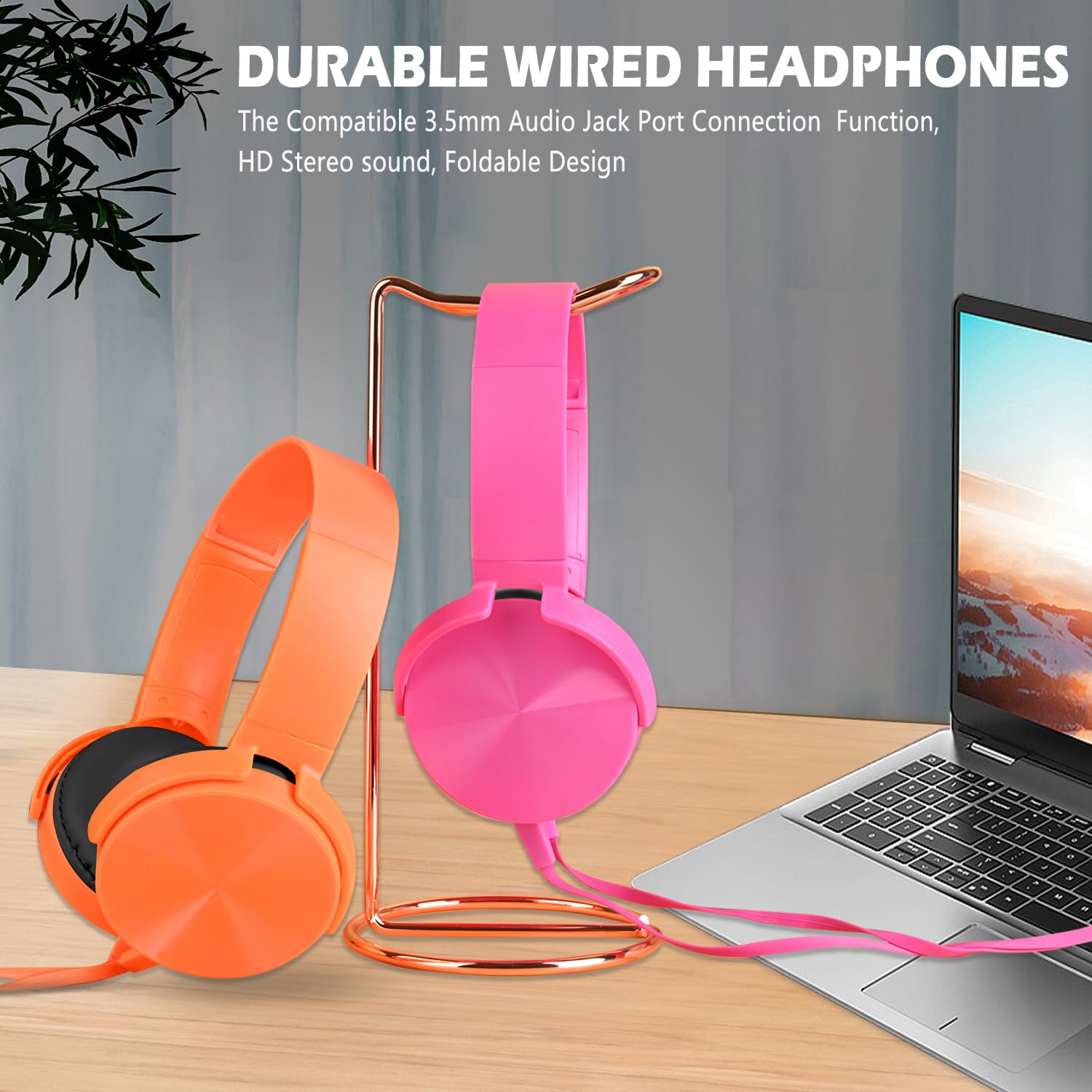 2 Pack Kids Headphones for School & Online Learning - Durable Wired Headset for Classroom K-12, Laptop, Computer, Library, Airplane Travel (Pink & Orange) - Perfect for Remote Learning & Travel Accessories