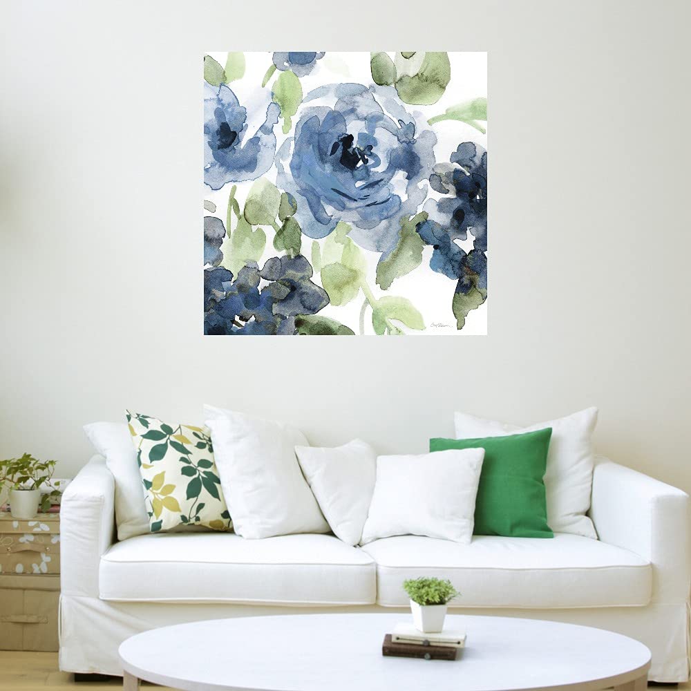 Botanical Wall Art Canvas - Blue Indigo Floral Painting by Carol Robinson 32x32 Inch, Bathroom & Bedroom Decor, Modern Plant Artwork for Home & Office