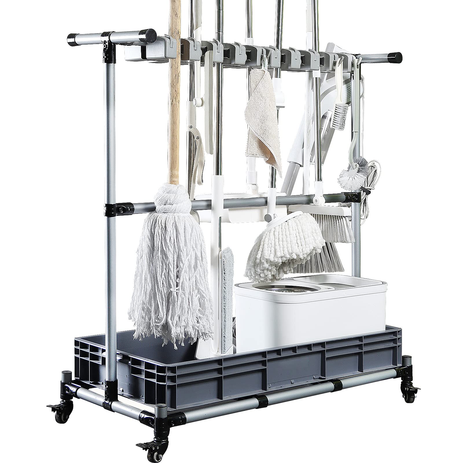 Multifunctional Cleaning Cart & Tool Organizer - Heavy Duty Broom Mop Holder with Wheels | Perfect for Home, Office & Janitorial Use