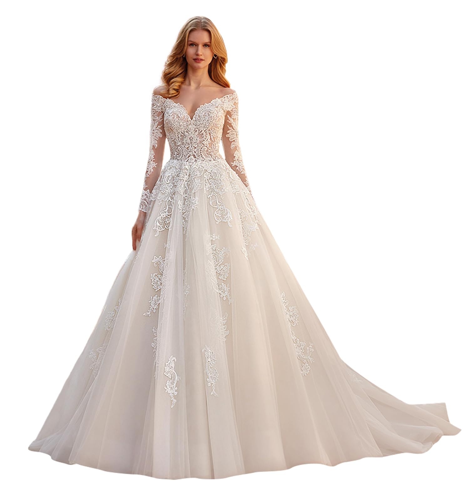 Elegant 2024 POMUYOO Women's Long Sleeve Lace Wedding Dress – Perfect for Bridal Ceremonies, Vows & Romantic Photoshoots