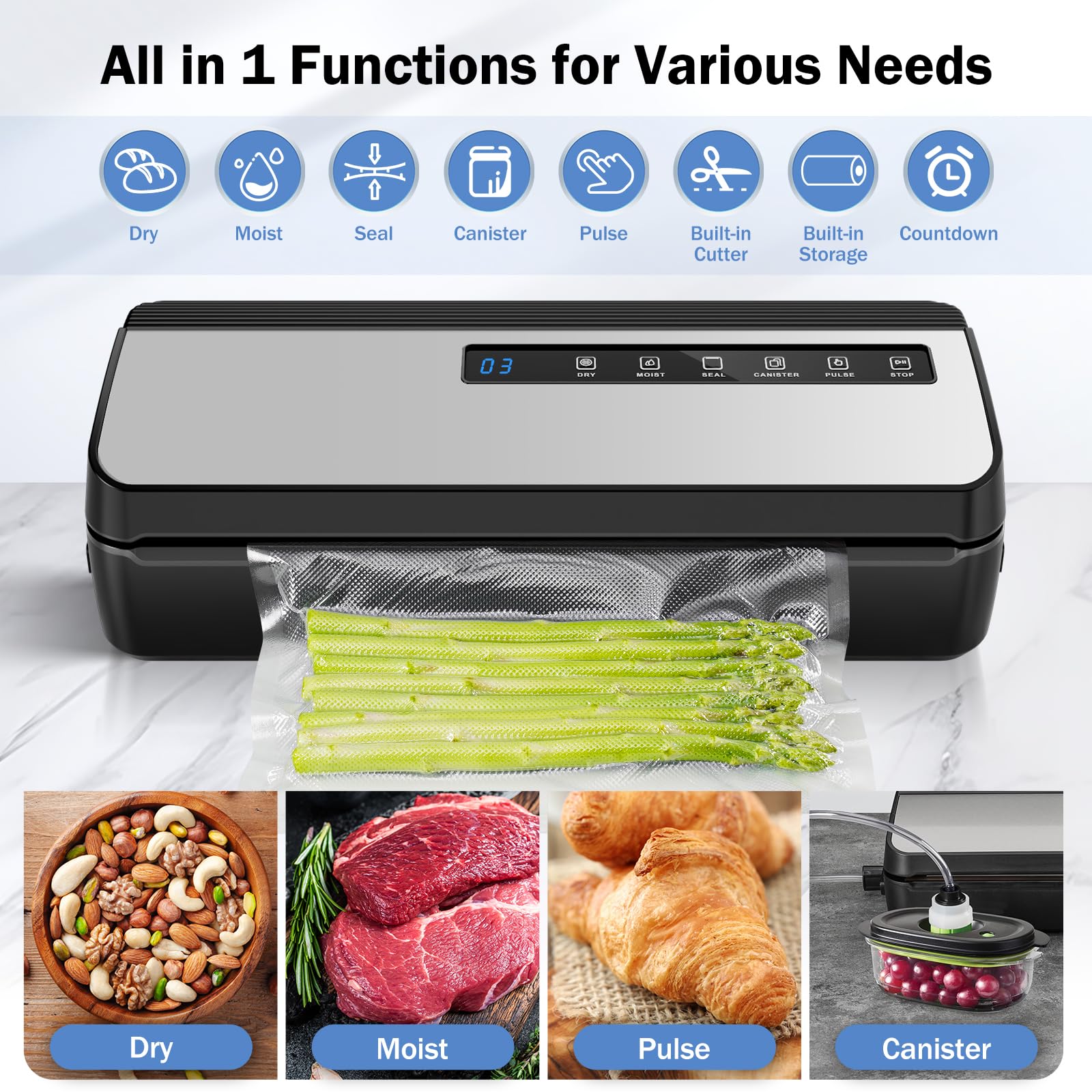 Premium Vacuum Sealer Machine - 80Kpa Powerful Compact Food Saver with Dry & Moist Modes, Includes 5 Bags & 1 Roll - Perfect for Meal Prep, Sous Vide, and Long-Term Food Storage (Silver)
