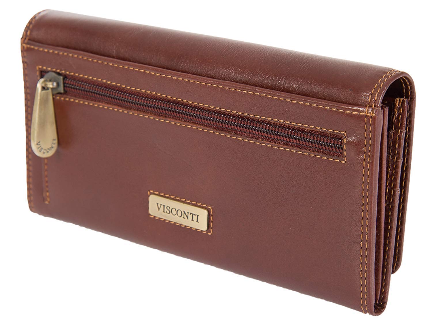VISCONTI Florence RFID Blocking Leather Wallet for Women - Brown Monza Collection - 12 Credit Card Slots, 4 Slip Pockets, ID Window & Coin Pocket - Perfect for Work, Travel & Everyday Use