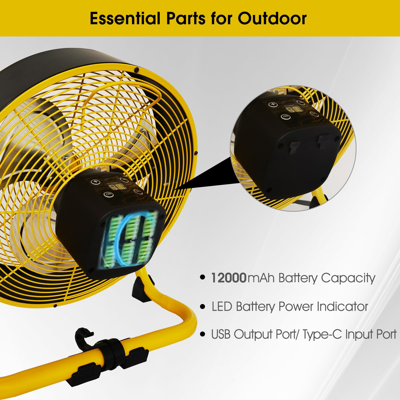 12 Inch High Velocity Battery Operated Floor Fan - Heavy Duty Metal Industrial Fan with Adjustable 360° Tilt Head & 9-Speed Settings - Rechargeable Cooling Fan for Warehouse, Workshop, Garage, and Outdoor Use