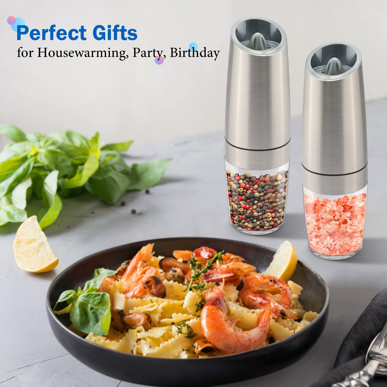 Premium Electric Salt and Pepper Grinder Set - Battery Powered with LED Light, One-Hand Automatic Operation, Adjustable Coarseness - Perfect for Kitchen, Dining Table & Outdoor BBQ (Black/Silver, 2-Piece Set)