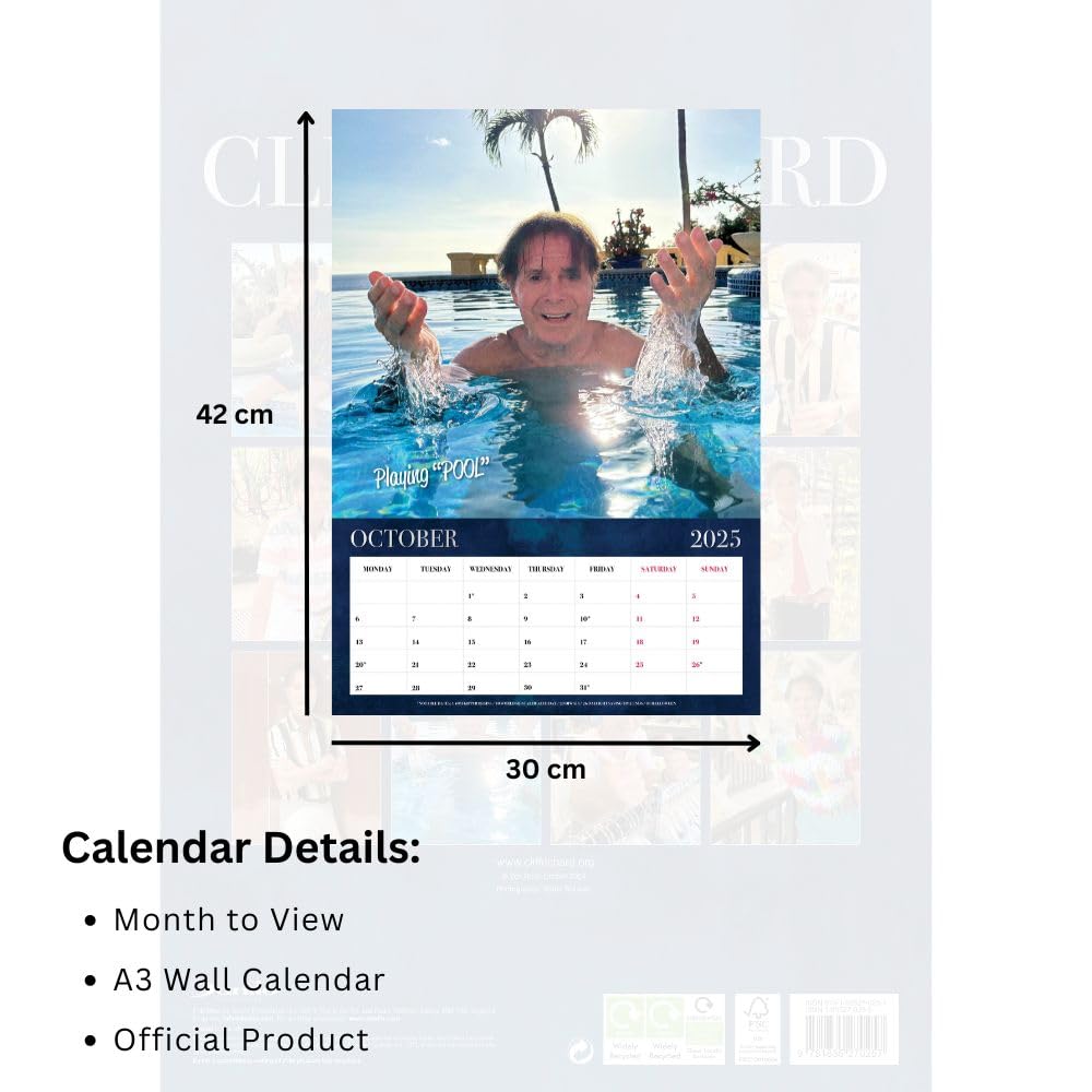 2025 Official Cliff Richard A3 Wall Calendar - Month to View | Perfect for Home, Office & Gift Giving | Rock Music Fans Collection
