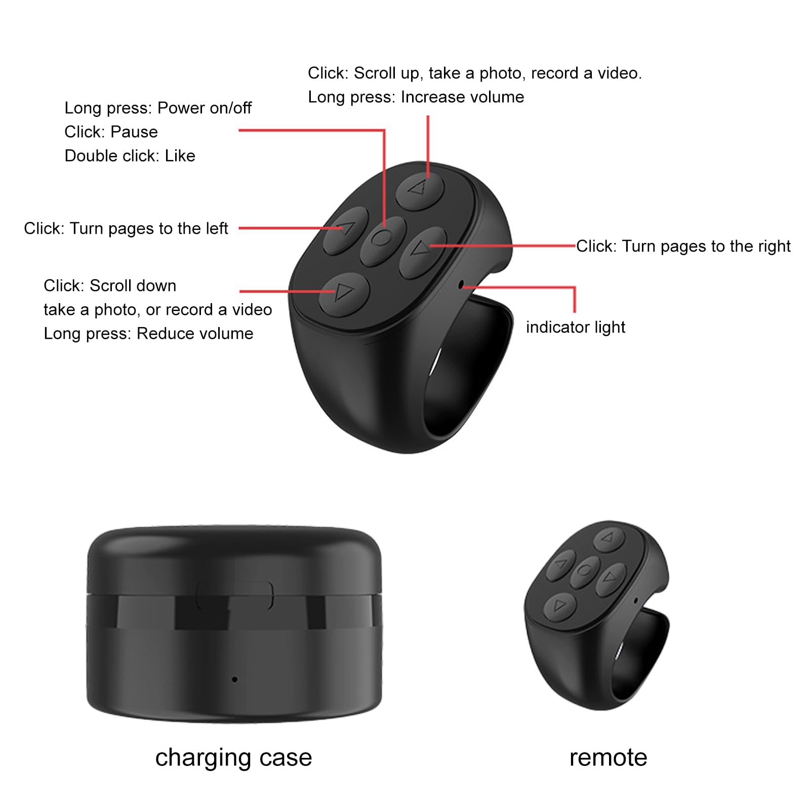 Wireless Bluetooth Finger Ring Remote Control for TikTok Scrolling, Camera Shutter & Page Turning - Rechargeable Hands-Free Device for Social Media, Photography & Presentations (Black) - Perfect for Content Creators, Vloggers & Online Teachers