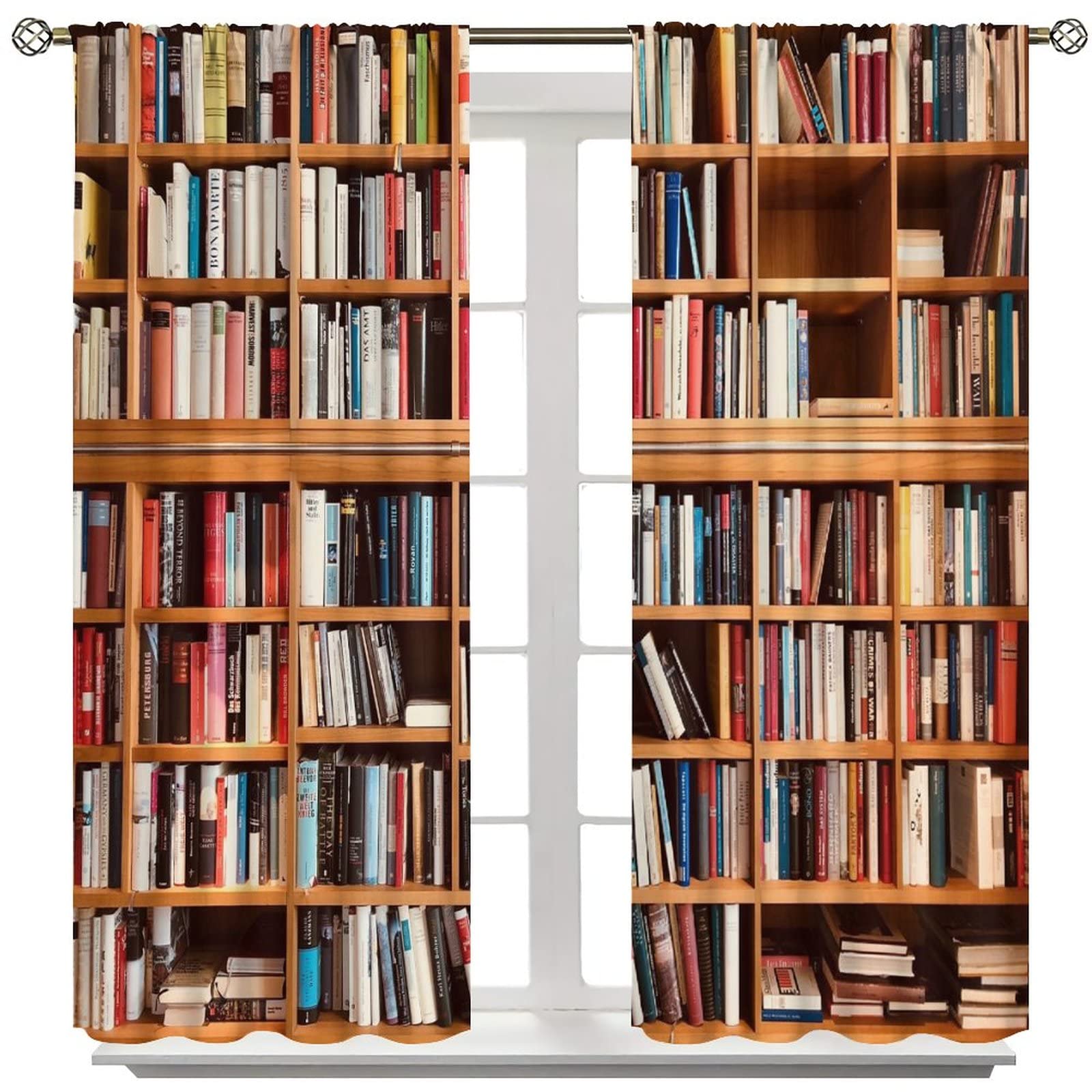 Brown Bookcase Print Curtains Set of 2 Panels - Literature Themed Window Drapes with Bookshelf Design for Living Room, Bedroom, Kitchen (52x84 Inches) | Perfect for Home Library Decor & Reading Nook Ambiance